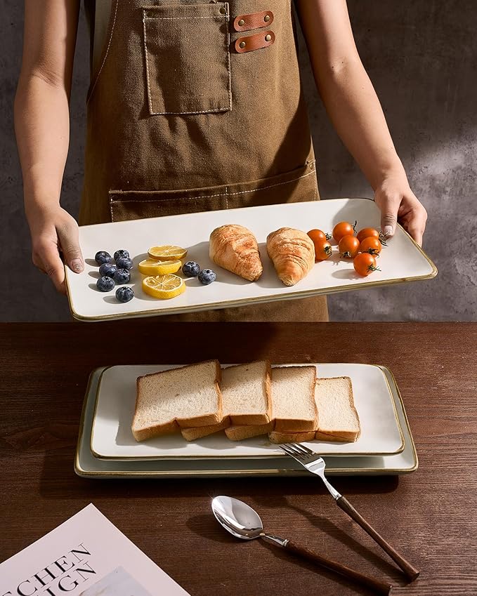 famiware Serving Platter, Rectangular 15.67/14.1/12.6inch Serving Dishes for Entertaining, Microwave Dishwasher Safe, Stoneware Serving Trays for Party, Turkey, Cheese, Ocean Series, Vanilla White