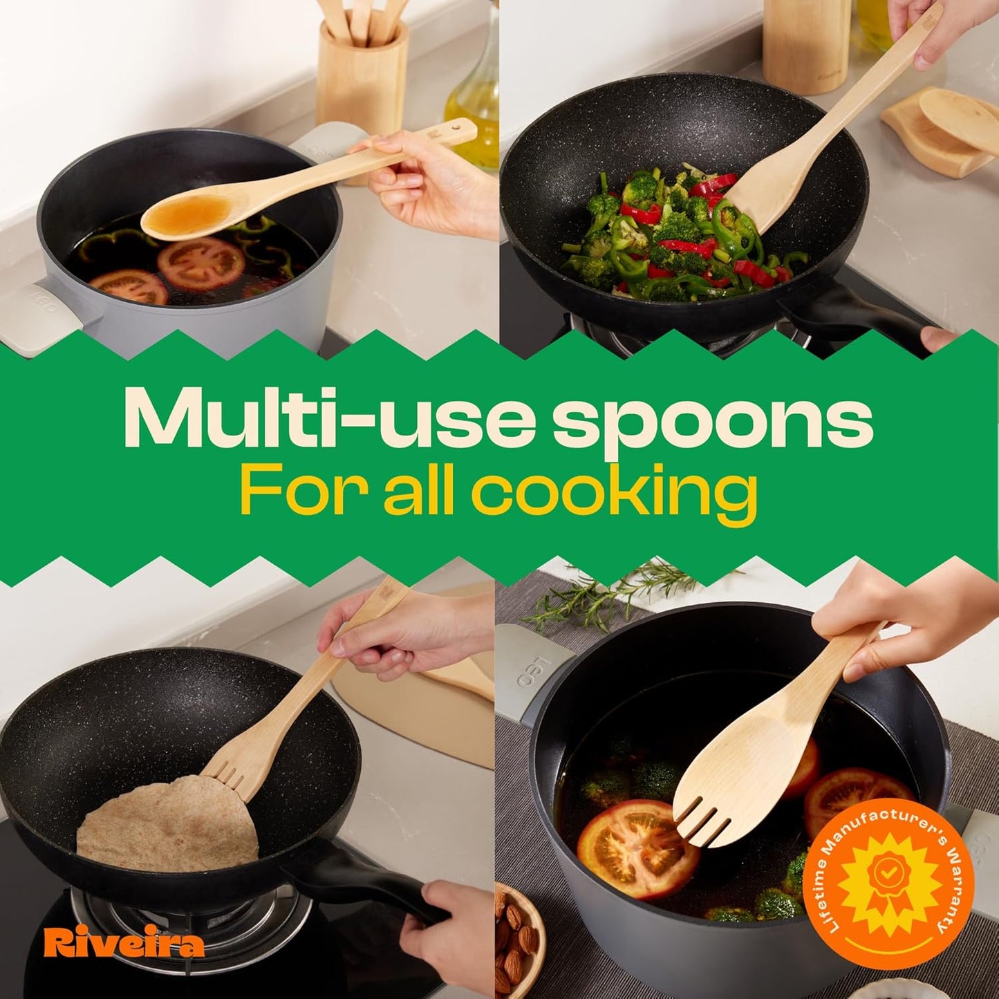 Riveira Maple Wooden Cooking Utensils Set of 9 Premium Quality Non-Toxic Wooden Spoons & Spatulas for Cooking, Stirring, Serving & Flipping