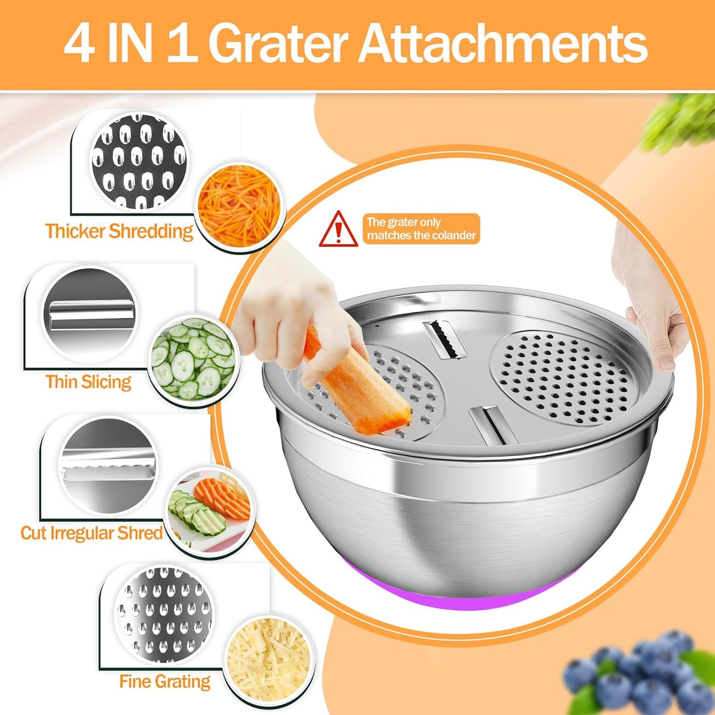 Mixing Bowls with Airtight Lids, Stainless Steel Mixing Bowl Set with 3 Metal Nesting Bowls, Colander & Grater, Non-Slip Bottoms, Size 1.5, 2.5, 5 QT, Great for Mixing & Serving, Mutilcolor
