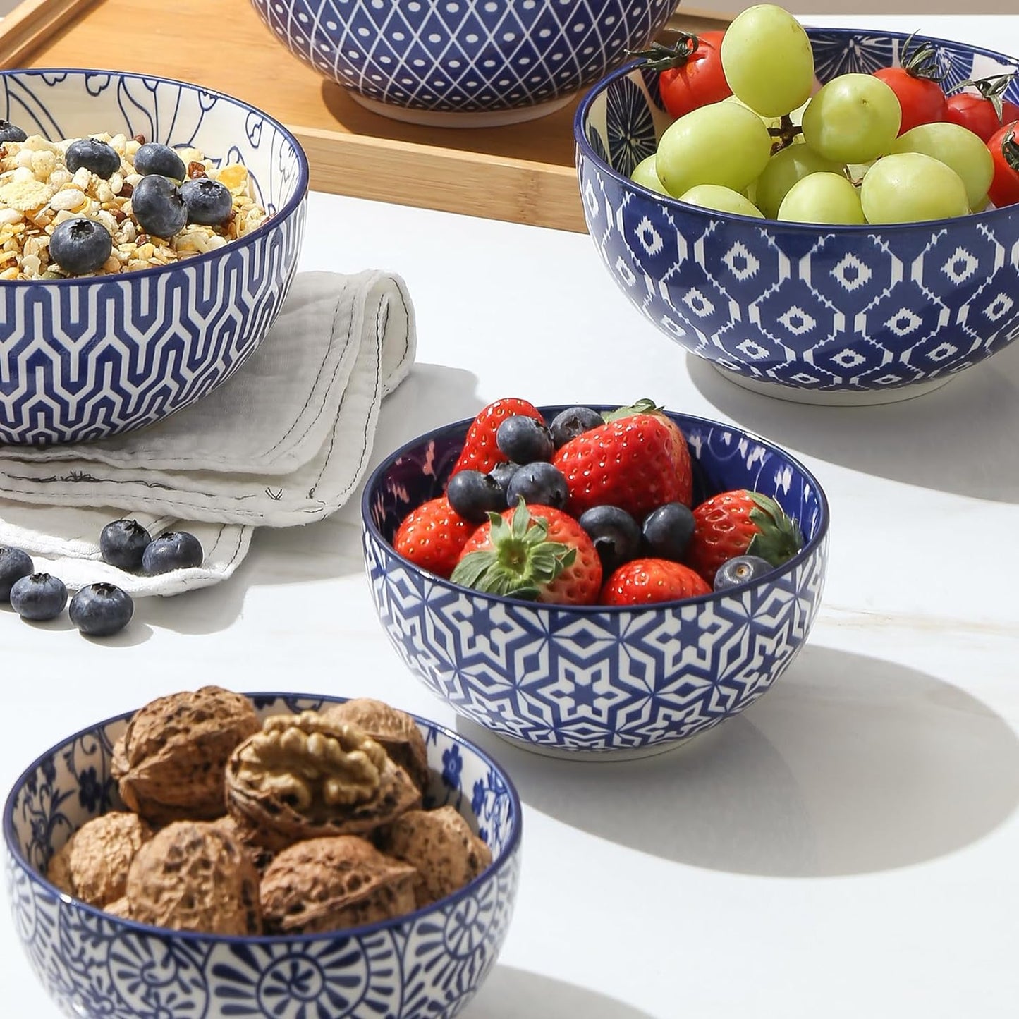 Selamica Ceramic 12 OZ Dessert Bowls Set, Ice Cream Bowls, 4.7 Inch Small Bowls for Snack, Side Dishes, Rice, Microwave Dishwasher Safe, Set of 6, Vintage Blue