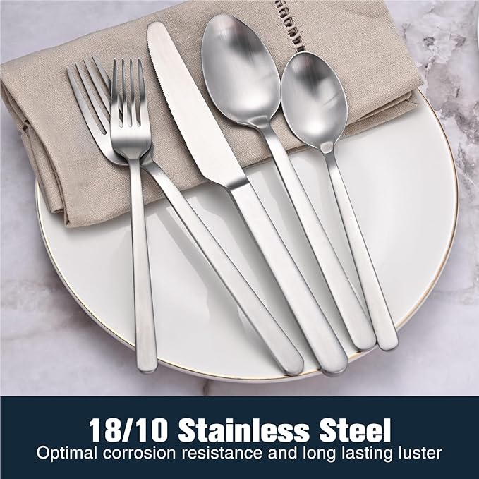 KINGSTONE Forged Silverware Set, 40-Piece Matte Flatware Set for 8, 18/10 Stainless Steel Silverware Cutlery Set Matte Satin Finish (Matte Silver)