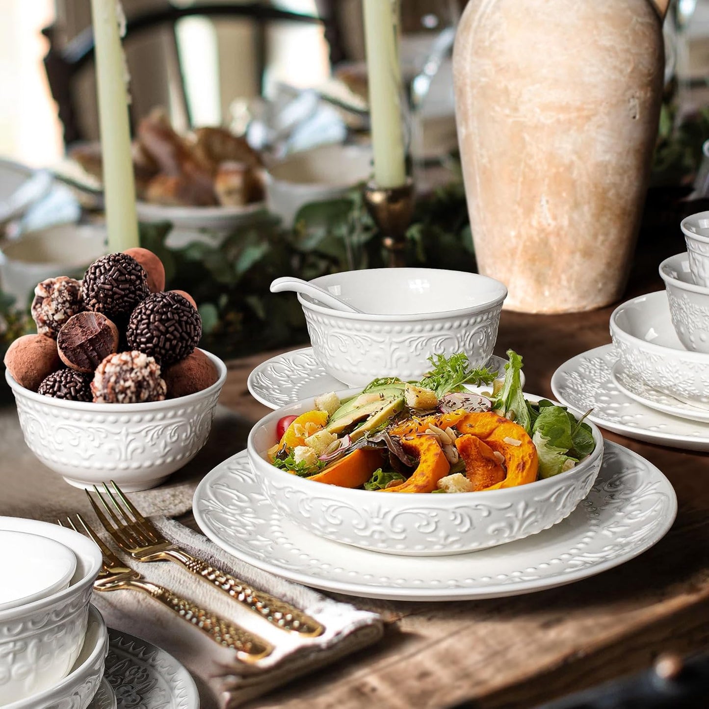 Pasta Bowls, 32oz Salad Bowls Set of 4, White Ceramic Soup Bowls 8 Inch Embossment Large Serving Bowl Wide and Shallow Bowls for Kitchen, Microwave & Dishwasher Safe (Brocade Flower)