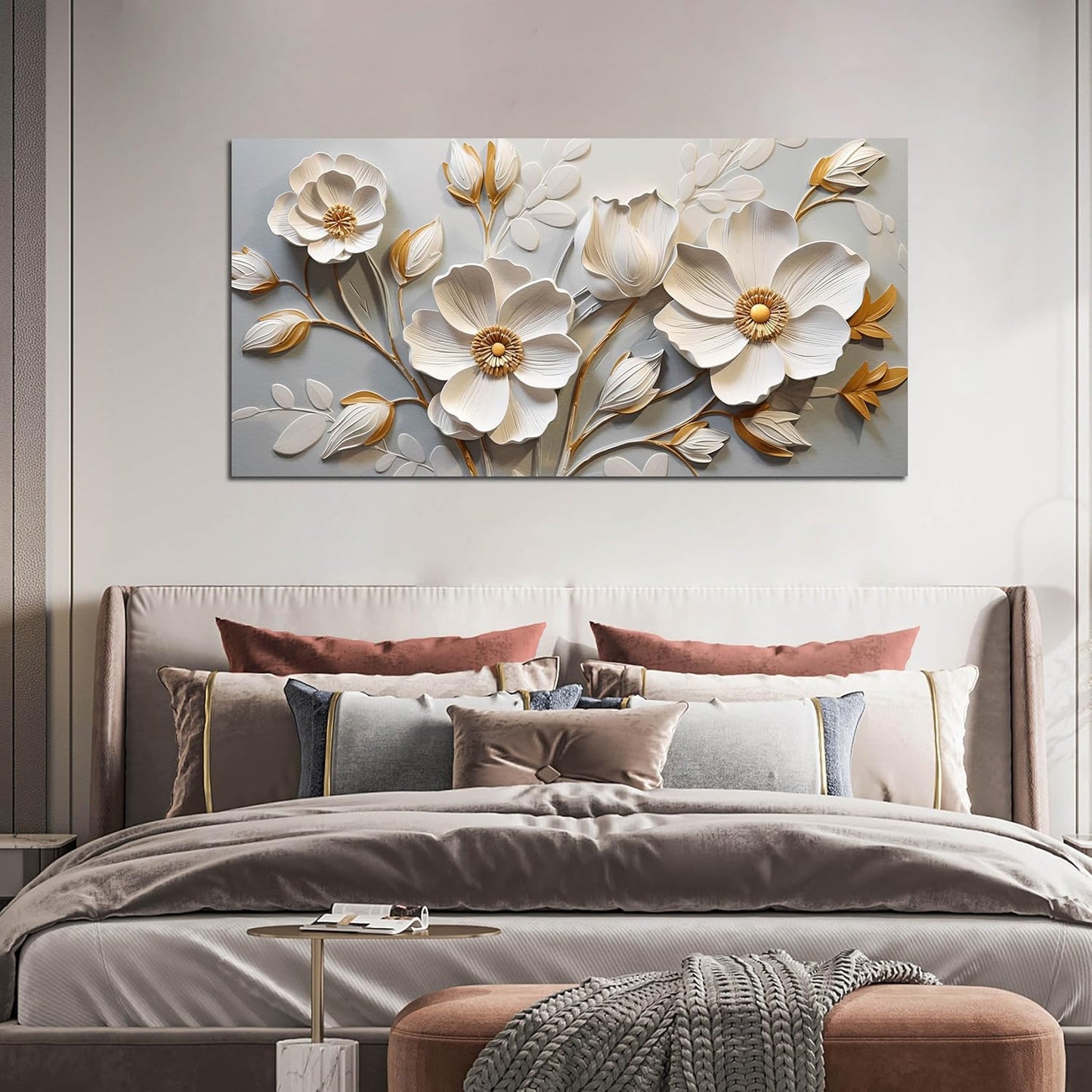 AOZEMI White Flowers Wall Art Floral Pictures Art Botanical Canvas Plant Prints Gold Wall Decor for Living Room Bedroom 24x48