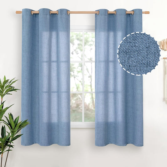YoungsTex Blue Linen Curtains 63 Inches Long 2 Panels for Window - Textured Short Light Filtering Drapes with Bronze Grommet for Living Room Bedroom Privacy Lightweight, 42 x 63 Inch