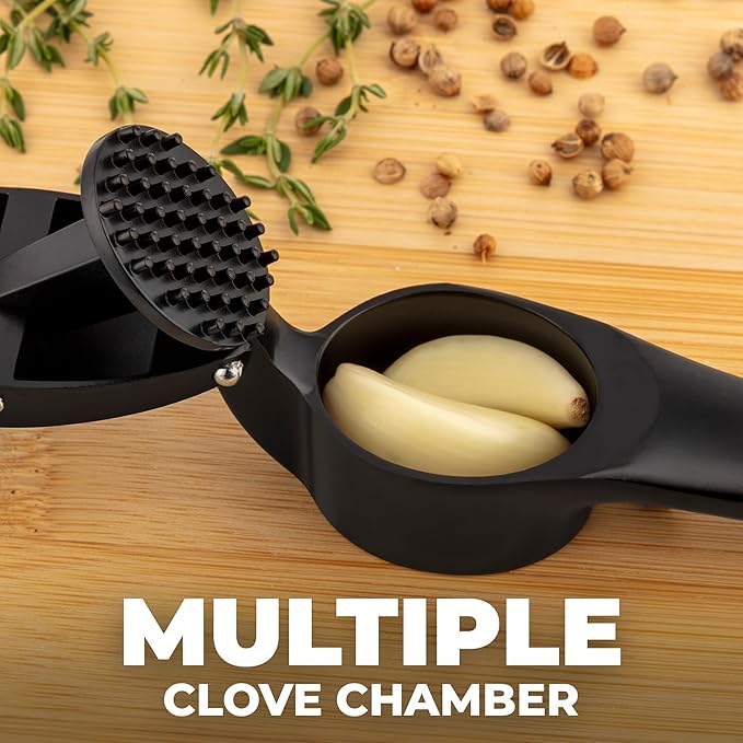 Zulay Kitchen Premium Garlic Press Set – Rust Proof & Dishwasher Safe Garlic Mincer Tool with Silicone Garlic Peeler & Brush, Easy Squeeze & Clean, Ergonomic Soft Grip Handle - Medium – Black