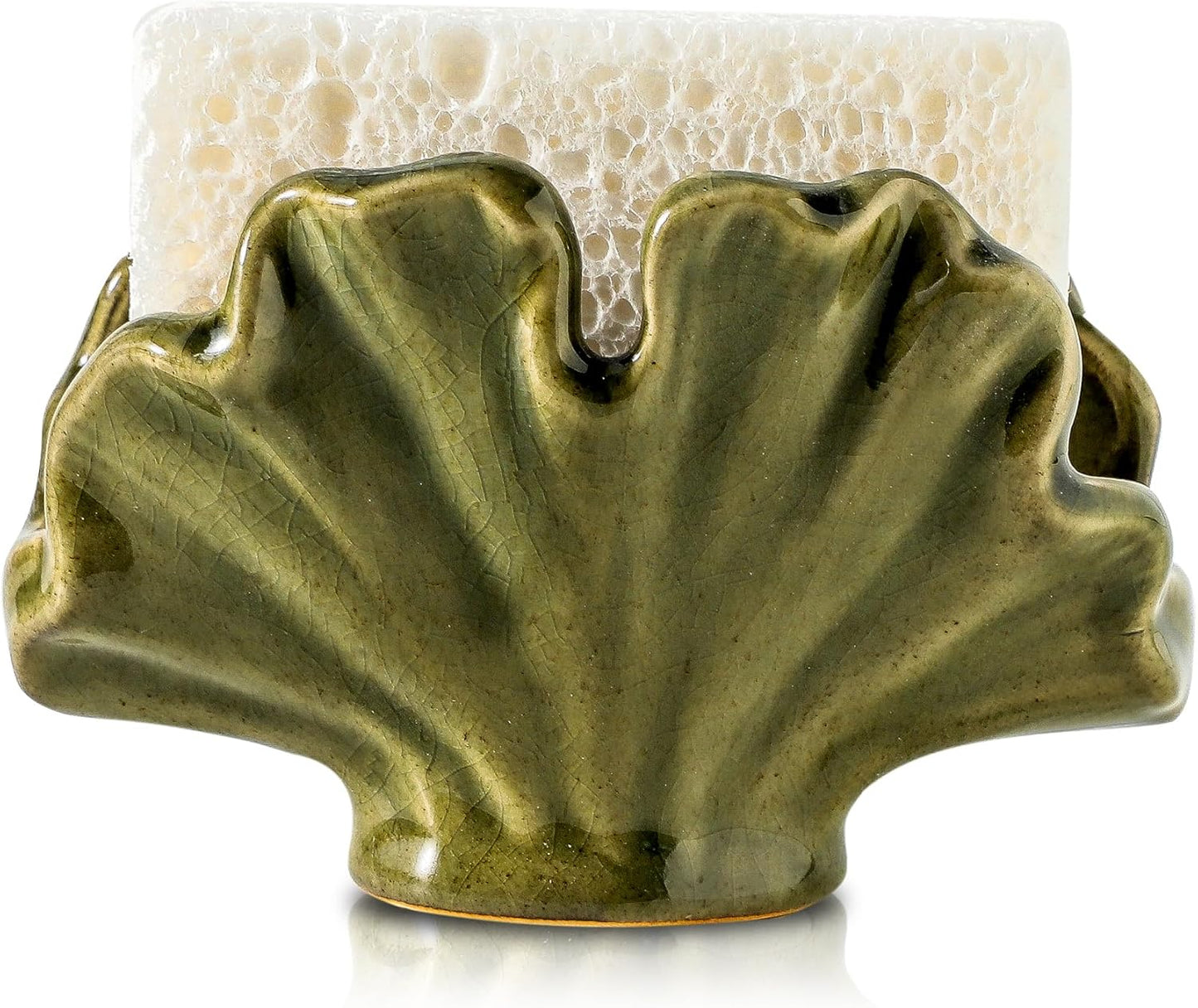 Ceramic Sponge Holder,Sponge Holder for Kitchen Sink,Compact Sink Caddy Organizer-Scouring Pad and Dish Holder,Farmhouse Kitchen Decor Cute Gadgets Accessories(Green)