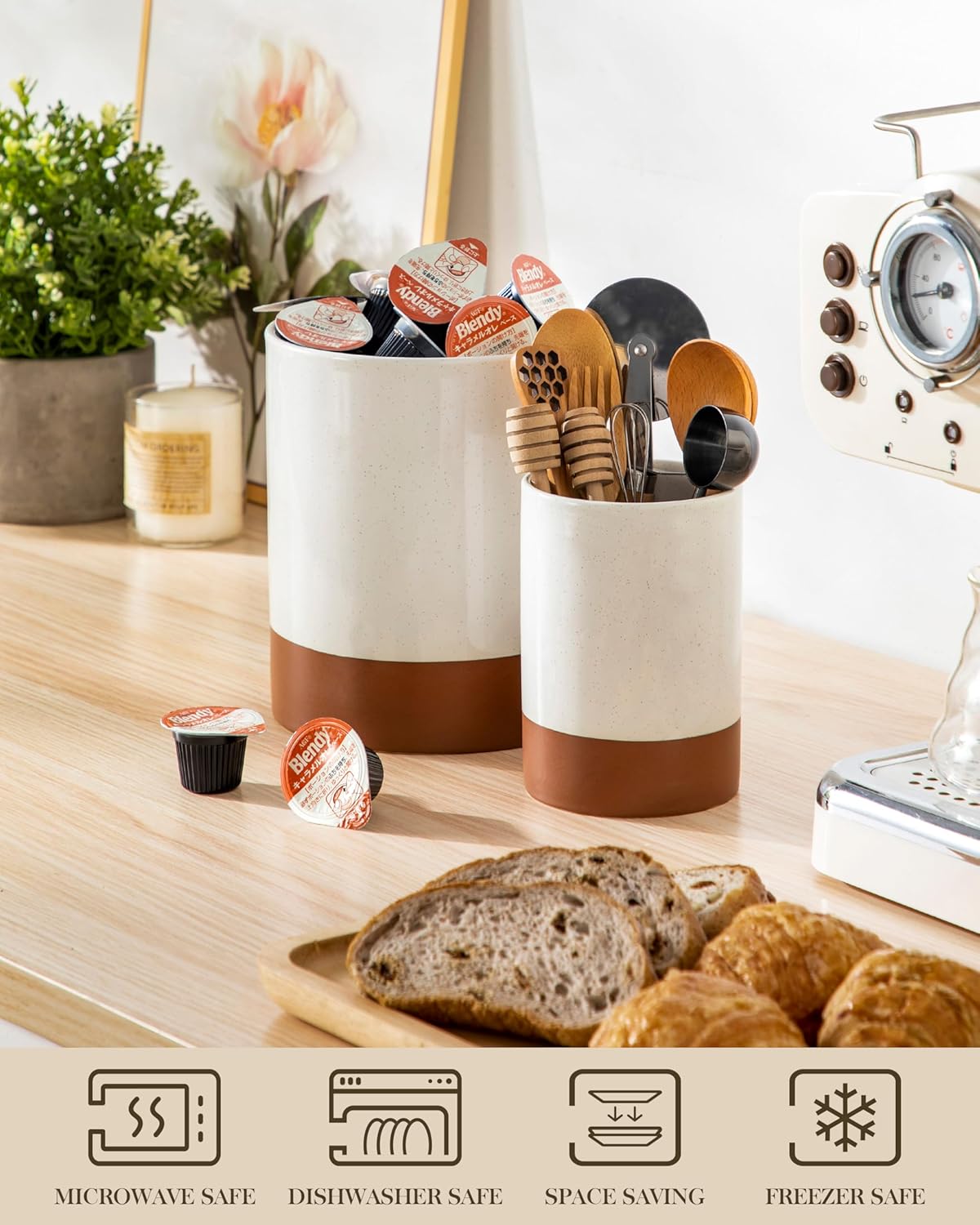 MALACASA Utensil Holder, 7.3"+5.5" Ceramic Kitchen Utensil Holder for Countertop, Large Cooking Utensil Crocks for Kitchen Counter, Farmhouse Utensils Organizer, Set of 2, Khaki White, Series TARA