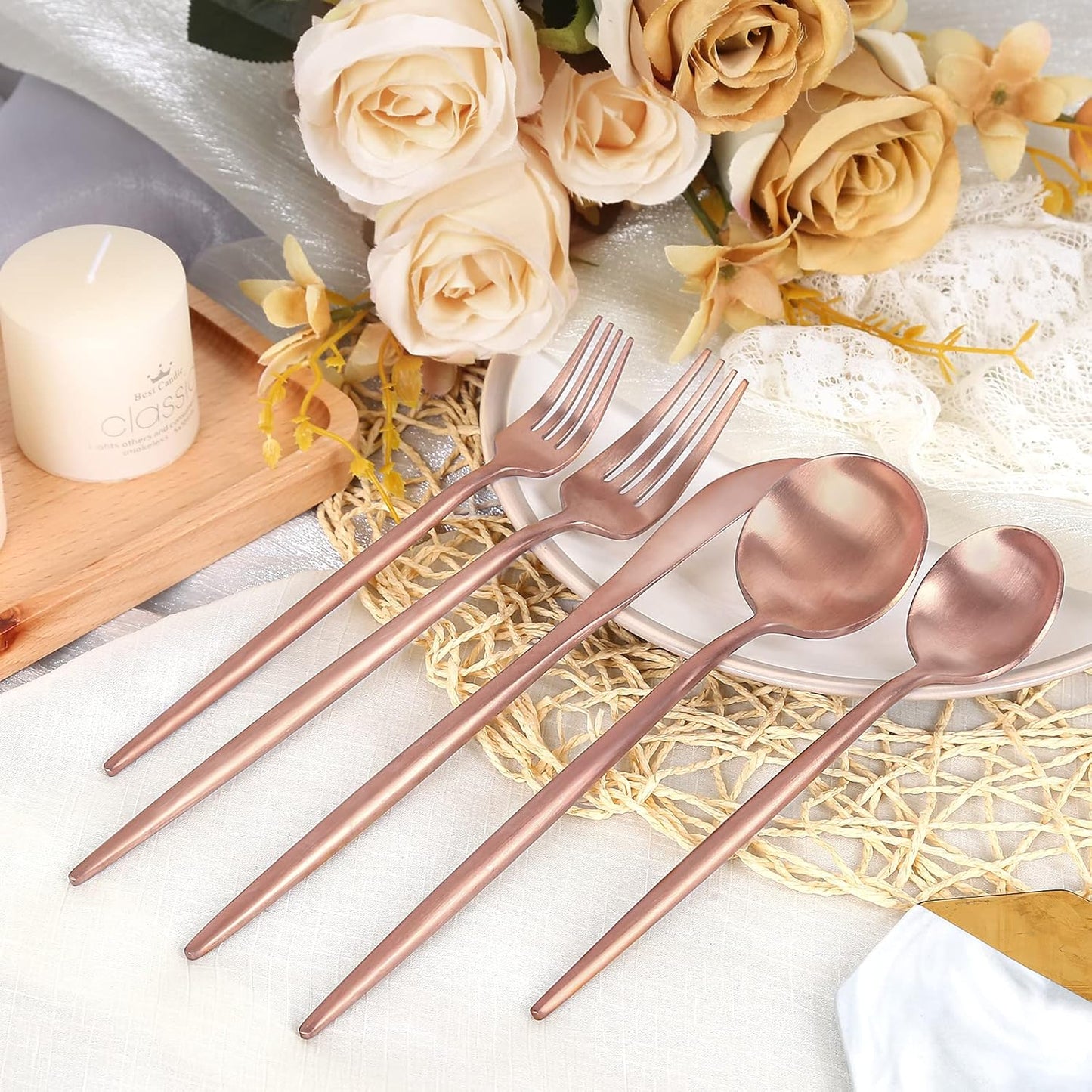 Matte Rose Gold Silverware Set 30 Pieces, FAMEWARE Stainless Steel Flatware Set，Service for 6，Kitchen Utensil Set, Tableware Cutlery Set, Satin Finished Polished & Dishwasher Safe