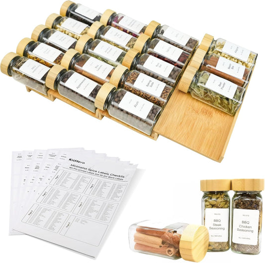 Spice Drawer Organizer with 18 Bamboo-lidded Spice Jars,216 Labels,50 Non-slip Rubber, Bamboo 4 Tier Seasoning Rack Tray Insert for Kitchen Drawers,Cabinets,Countertop,9" Wide x 15.8" Deep