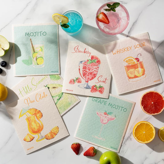 RECYCO Swedish Dishcloths for Kitchen | 6 Pack Cocktails Washable Dish Rags | Cellulose Reusable Cleaning Paper Towels | Absorbent Counter Dish Cloth Sponge Kitchen Wipes, 8" L x 7" W