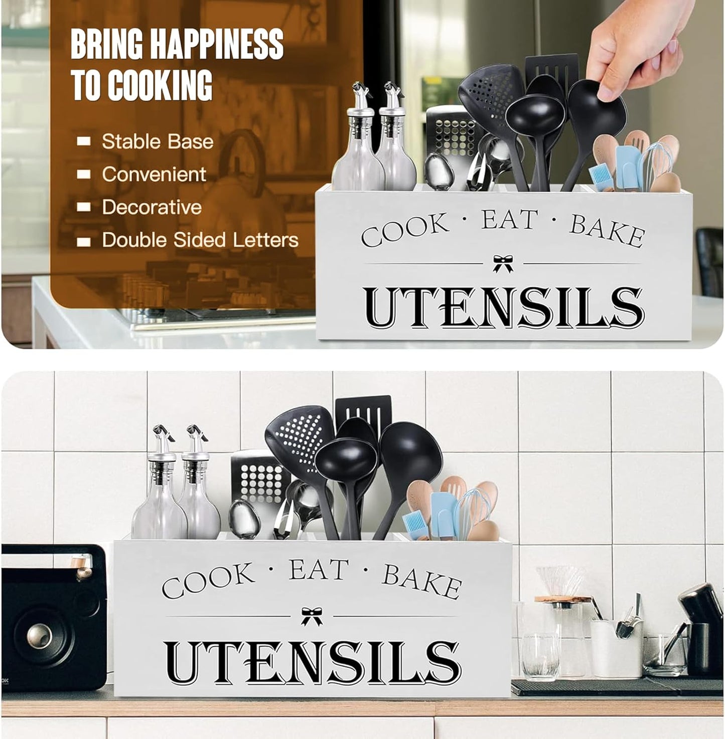 Extra Large Kitchen Utensil Holder with 4 Compartments, Wooden Countertop Organizer, Rustic Black Farmhouse Decor for Cooking Tools, Spoons, Spatulas, Knives & Forks - White Grain