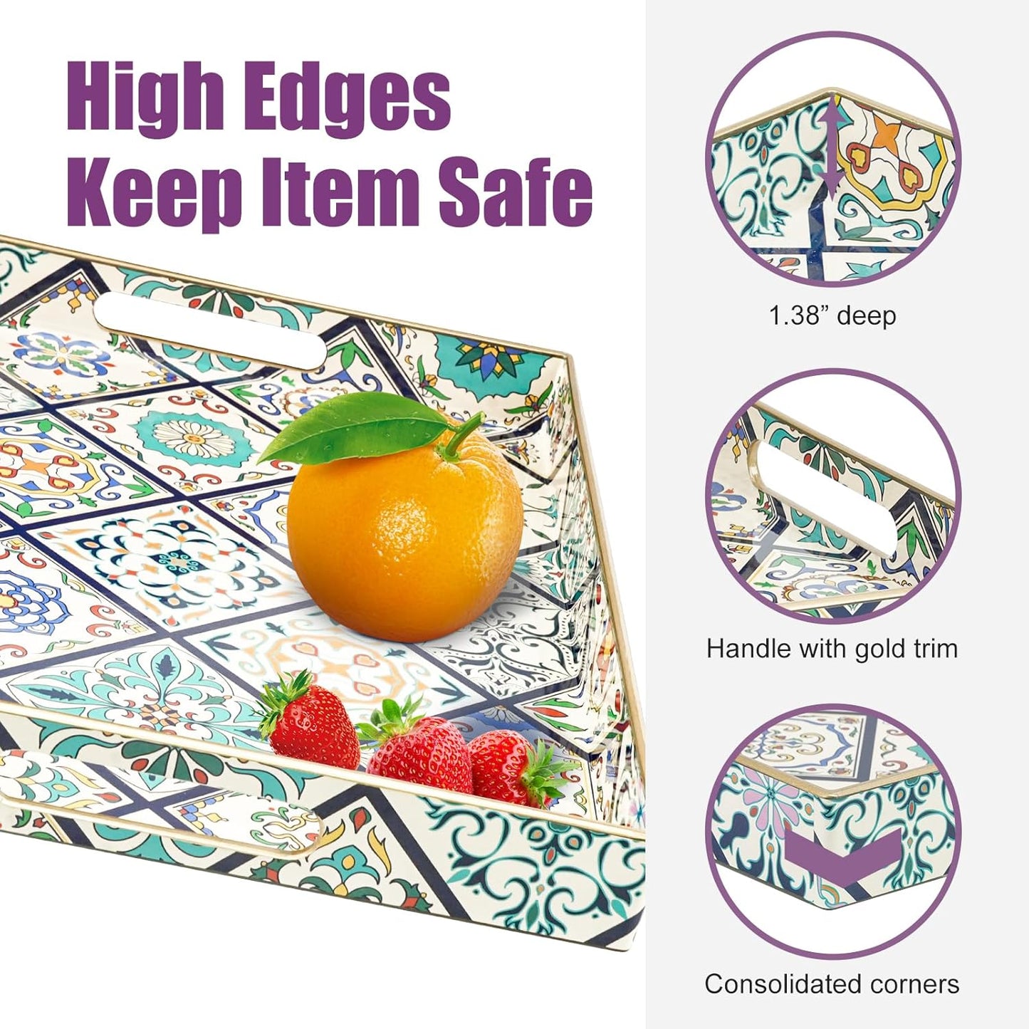 Gifturbo Serving Tray with Handles, Plastic Decorative Rectangular Tray for Coffee Table, Living Room, Home Decor, Outdoor Trays,Serving Breakfast Kitchen Platter,Boho