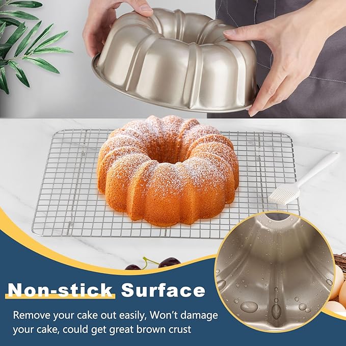 P&P CHEF 10 Inch Light Gold Non-stick Cake Pan, Carbon Steel Fluted Tube Round Baking Pan for Pound Cake, 10-Cup Large Capacity Bakeware, Healthy & Heavy Duty, 2 Pieces