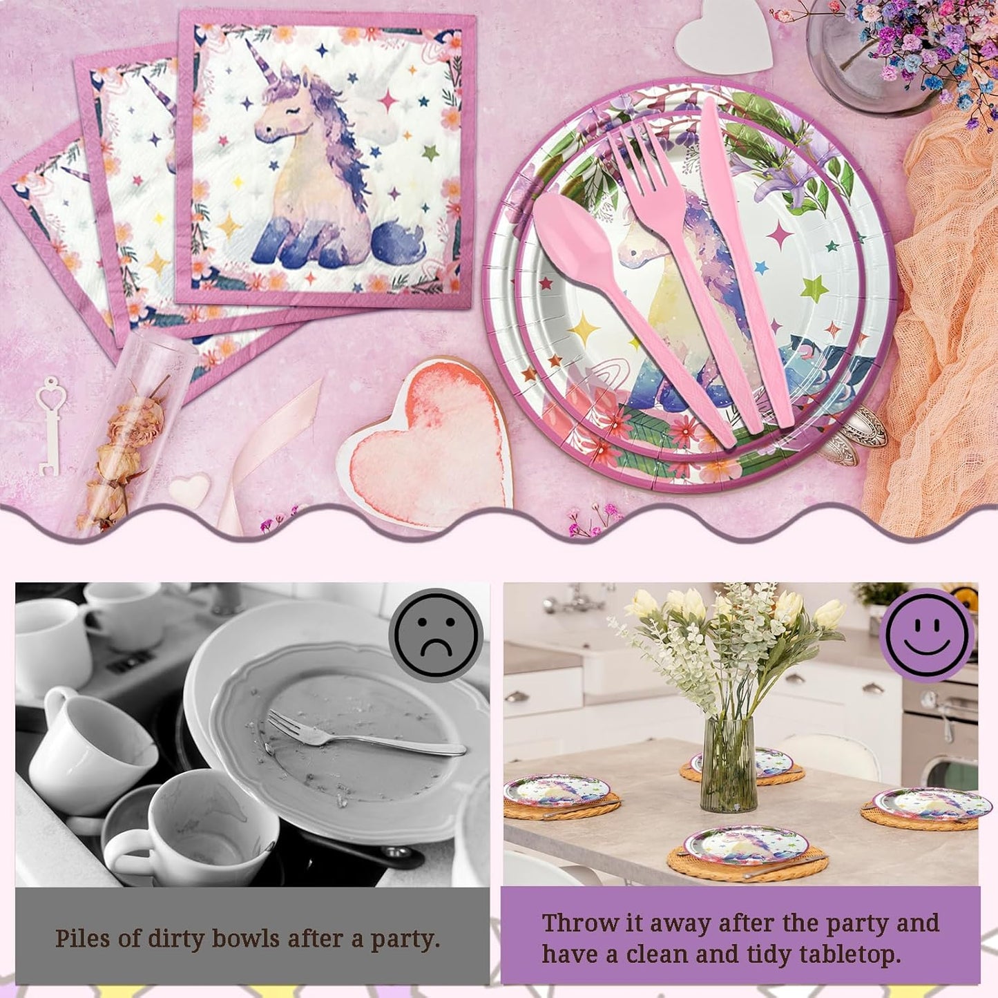 175 PCS Unicorn Birthday Plates and Napkins Sets Includes Disposable Plates Dessert Plates Napkins Cups Plastic Knives Forks Spoons Disposable Dinnerware Set For Unicorn Party (25 Guest)