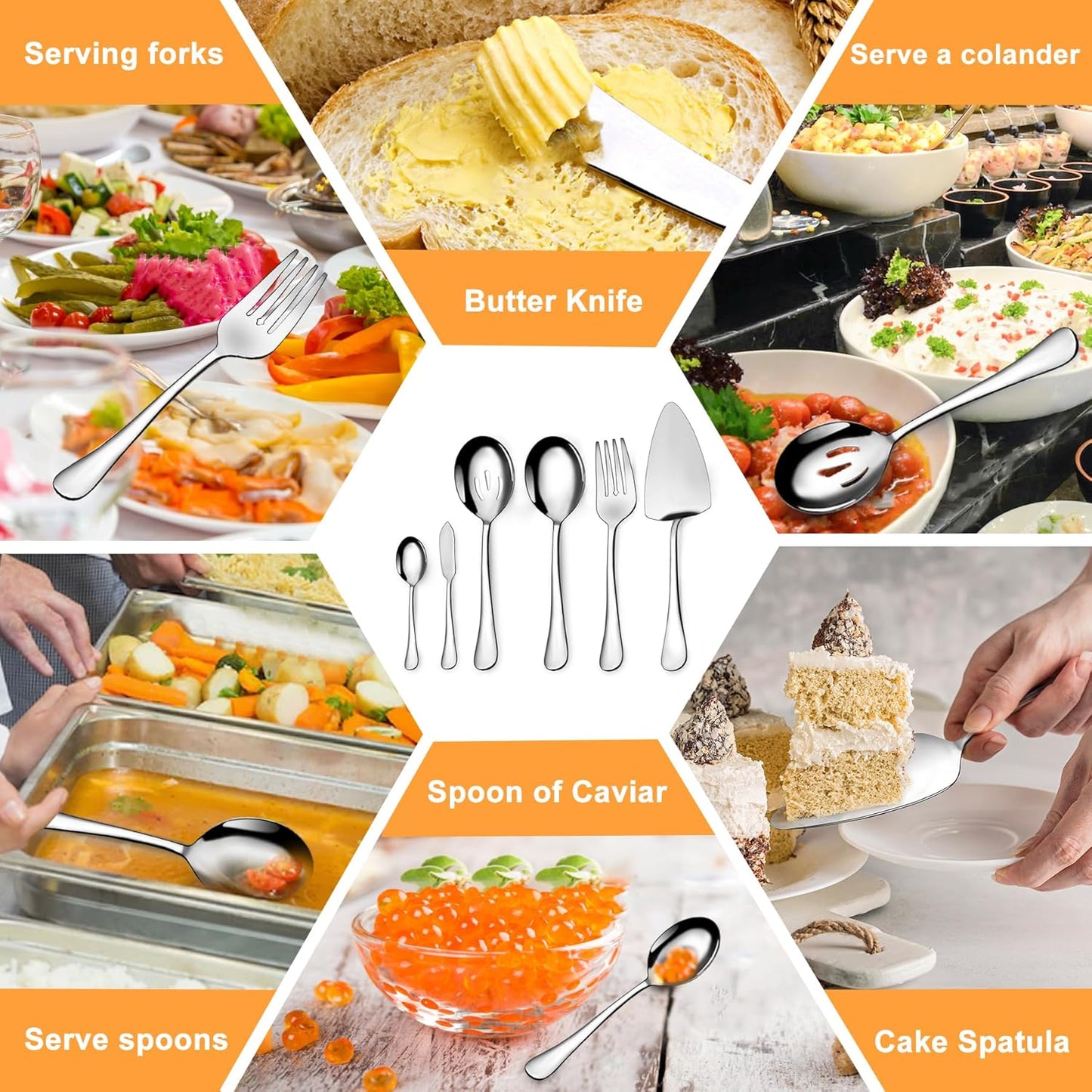 6-Piece Stainless Steel Serving Utensil Set, Hostess Collection with Spoons, Fork, Tongs, Ladle and Pie Server