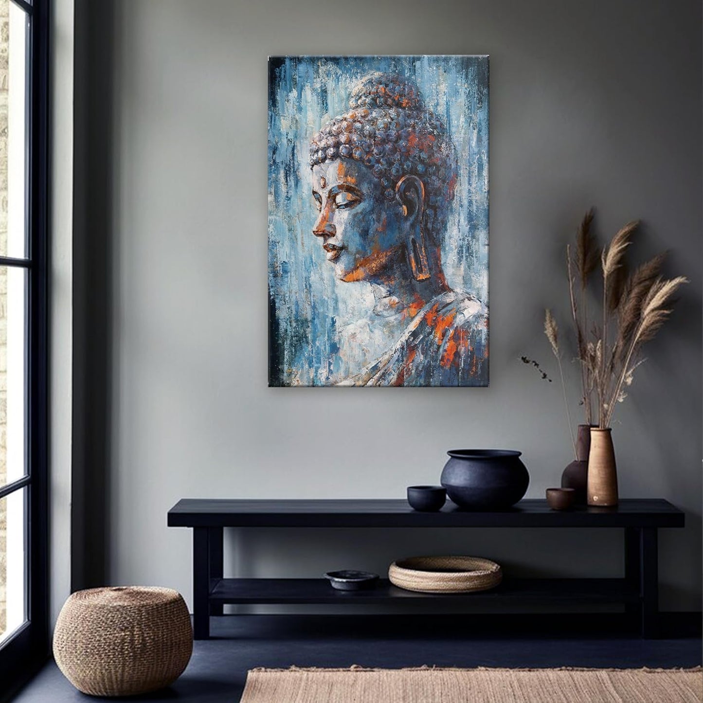 Large Buddha Statue Decor Wall Art Canvas Wall Decor Painting Buddha Head Picture Zen Art Dark Blue Artwork for Bathroom Bedroom Walls 32x48