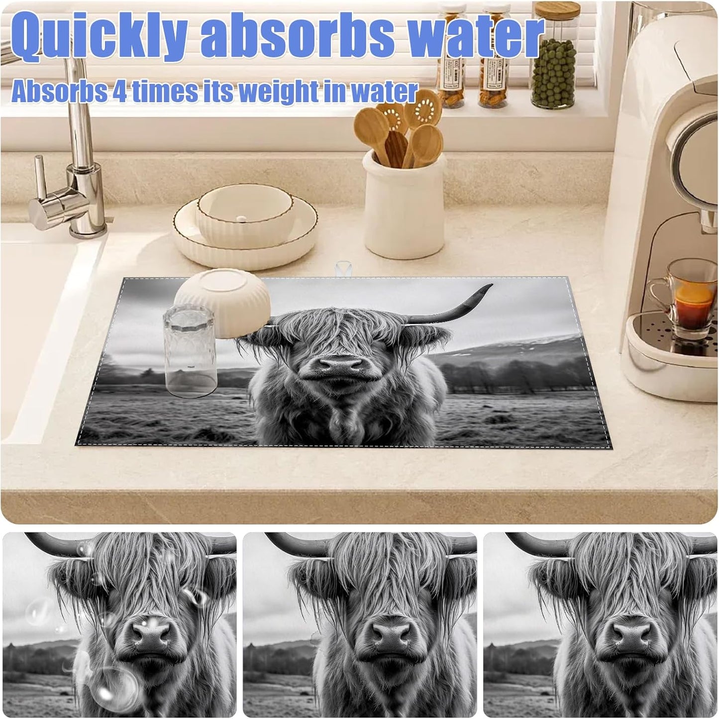 Highland Cow Dish Drying Mat for Kitchen Counter Drying Pad Absorbent Reversible Dish Drainer Rack Mats Draining Pad 18"x24"Inch