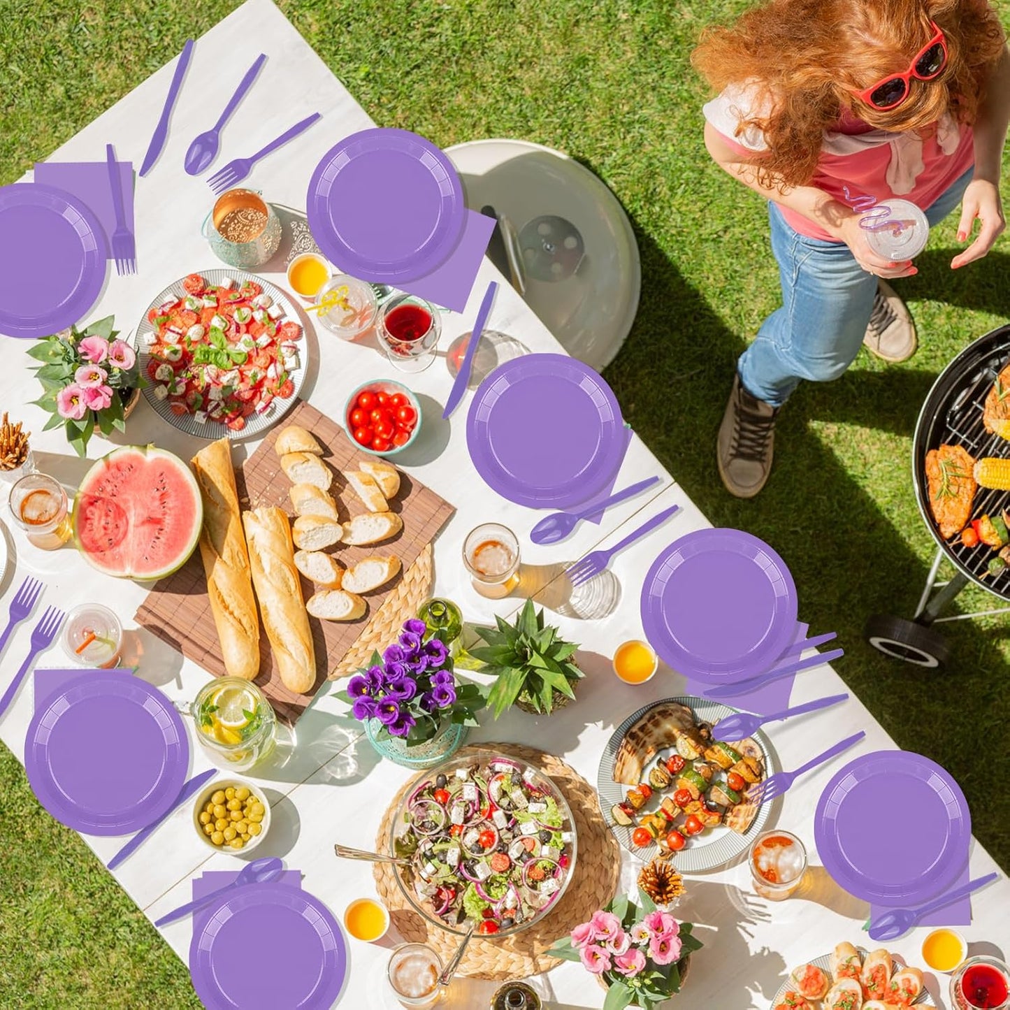 TWOWYHI 228PCS Lavender Party Supplies Set Include Paper Plates Cups Paper Napkins Plastic Spoons Forks Knives for 30 Guests Disposable Party Dinnerware for Birthday Wedding Family Picnic