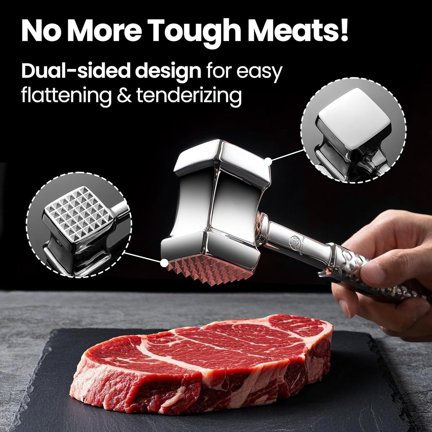 Stainless Steel Meat Tenderizer Tool, Premium Meat Mallet with Non-Slip Grip, Dual-sided Kitchen Mallet Ideal for Tenderizing Steak, Poultry & Chicken Cutlet, Dishwasher Safe with Lifetime Replacement