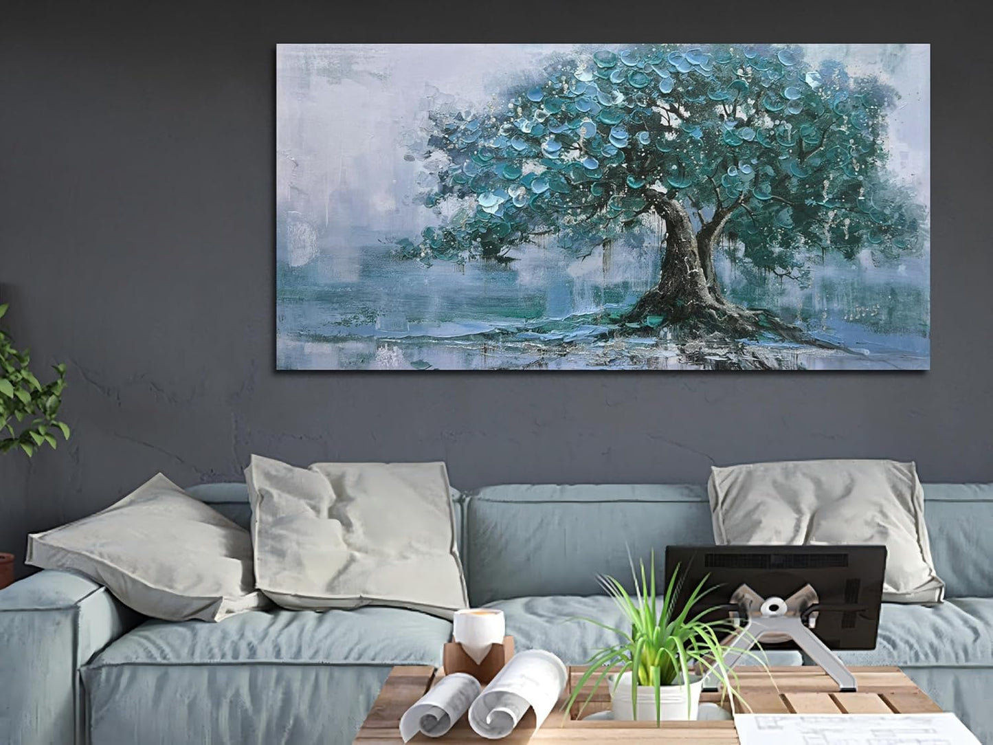 Ardemy Tree Canvas Wall Art for Living Room Large Teal Tree of Life Bedroom Pictures Paintings Wall Decor Artwork for Walls Home Office Dining Room Kitchen, 58"x29"