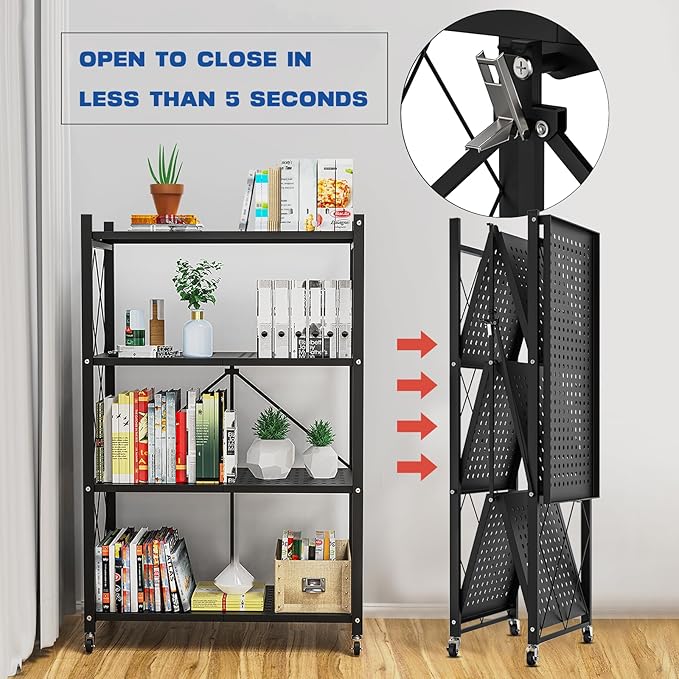 Lifetime Home 4-Tier Foldable Storage Shelf with Wheels - Metal Rack Collapsible Shelving Unit Display, Rolling Cart for Books Kitchen Storage Shelves, Pantry & Closet Organizer, Office Room Decor