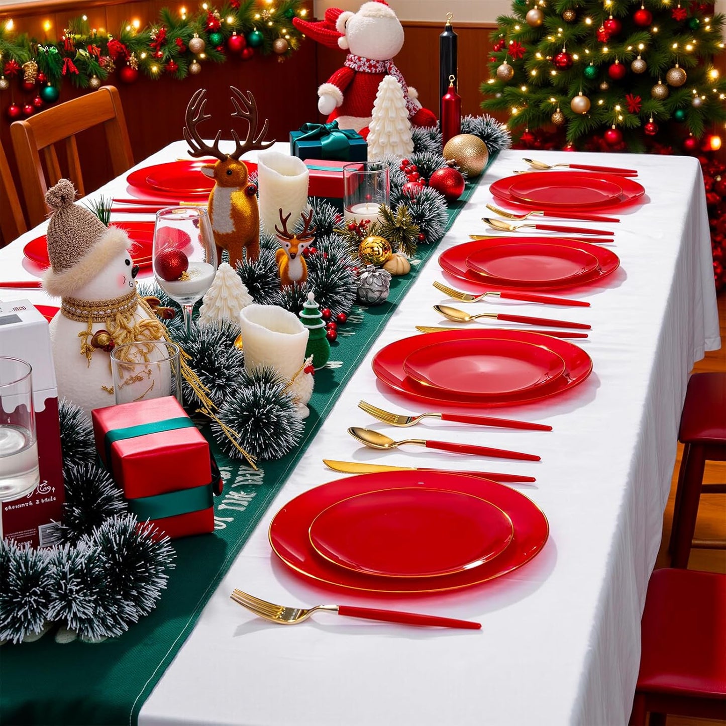 DaYammi 150Pcs Red Plastic Plates & Gold Cutlery with Red Handle,Christmas Disposable Plates Set Include 30 Dinner Plate, 30 Dessert Plate,30 Knives,30 Forks,30 Spoons for Christmas Party Holiday