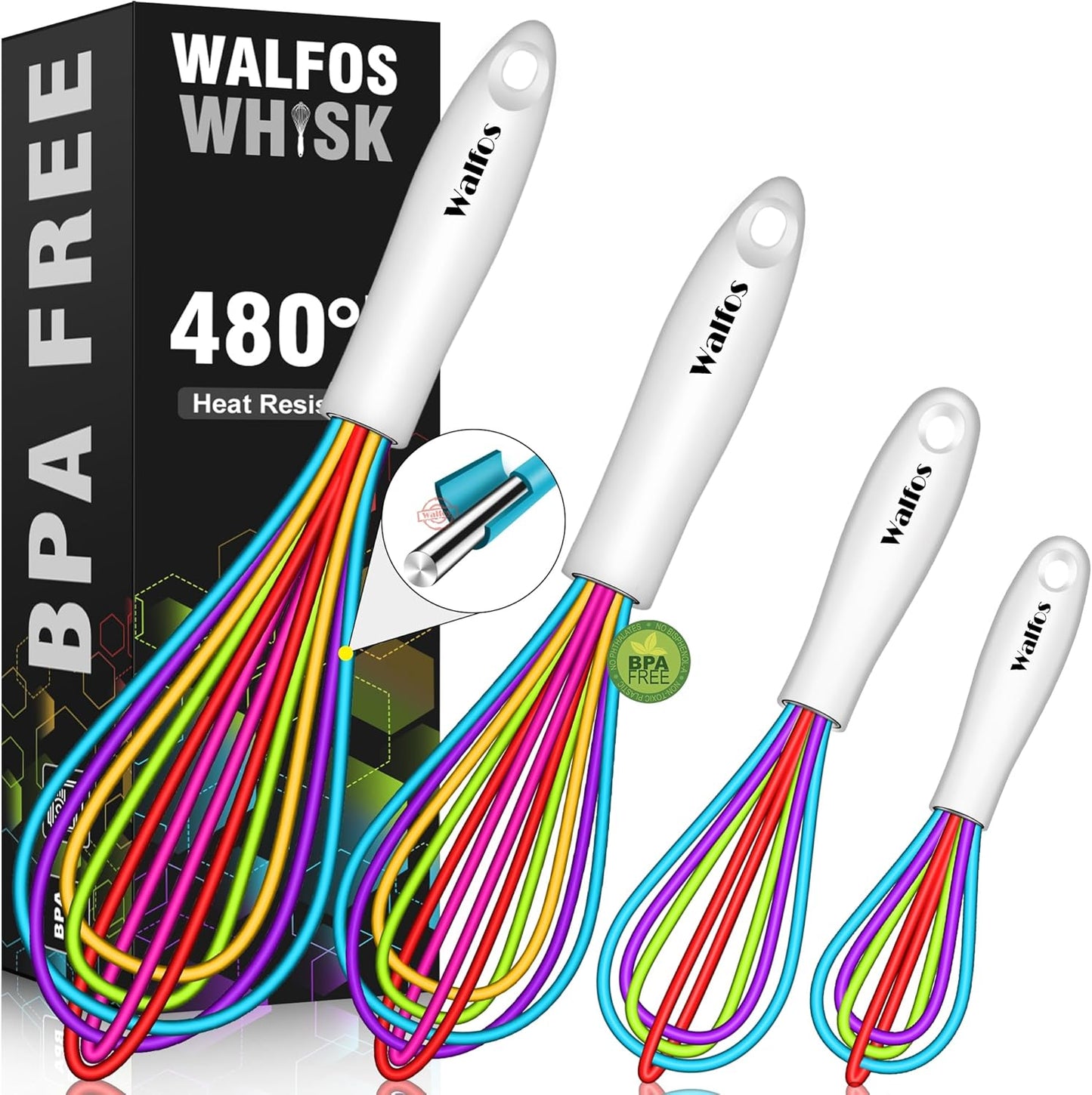 Walfos Whisk,5+7+9+11in Silicone Whisks for Cooking,Rainbow Wisk for Non-Stick Cookware,Balloon Egg Whisks Perfect for Blending,Baking,Beating,Minxing.BPA Safe and Dishwasher safe.Colorful 4pcs.