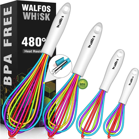 Walfos Whisk,5+7+9+11in Silicone Whisks for Cooking,Rainbow Wisk for Non-Stick Cookware,Balloon Egg Whisks Perfect for Blending,Baking,Beating,Minxing.BPA Safe and Dishwasher safe.Colorful 4pcs.