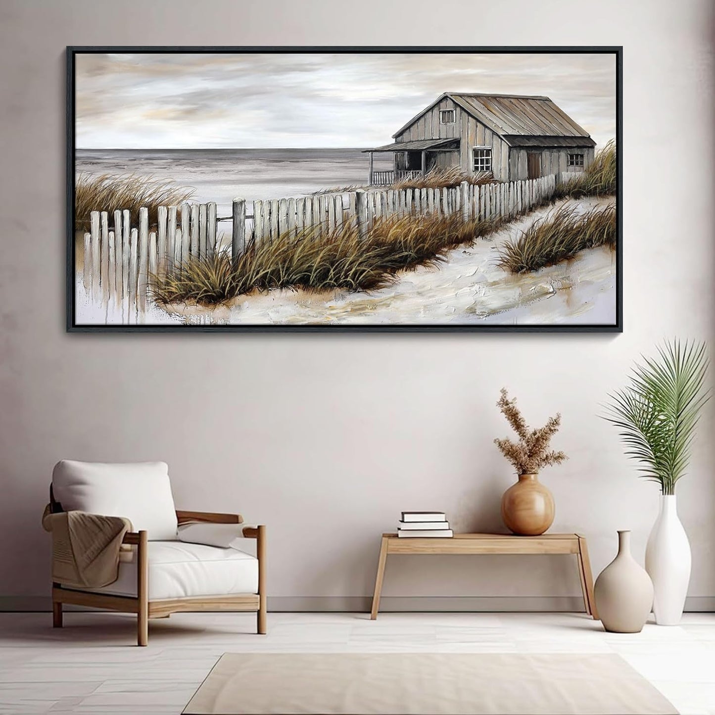 YDYSUNE Village Coastal Wall Art for Living Room - Retro Beach Fenced House Large Canvas Wall Decor for Home Artwork Painting Print for Bedroom Decoration Kitchen Office Hang a Picture Framed 29x58 Inches