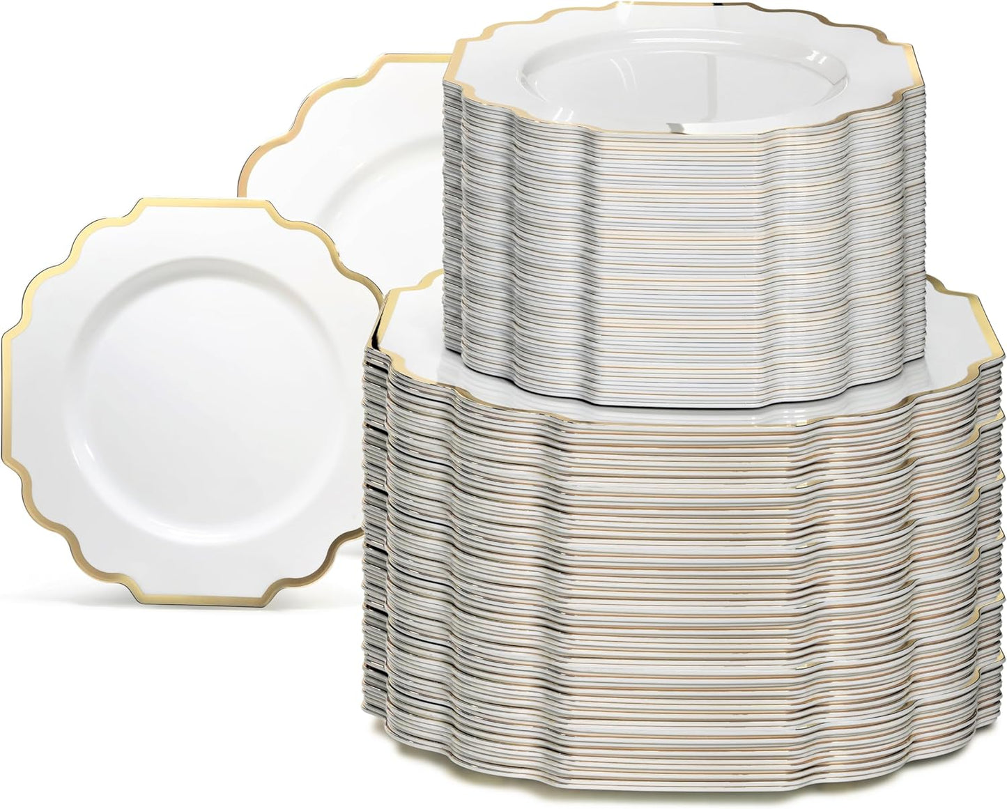 " OCCASIONS " 240 Plates Pack (120 Guests) Heavyweight Wedding Party Disposable Plastic Plates Set -120 x 10.5'' Dinner + 120 x 8'' Salad/Dessert Plate (Imperial White & Gold)