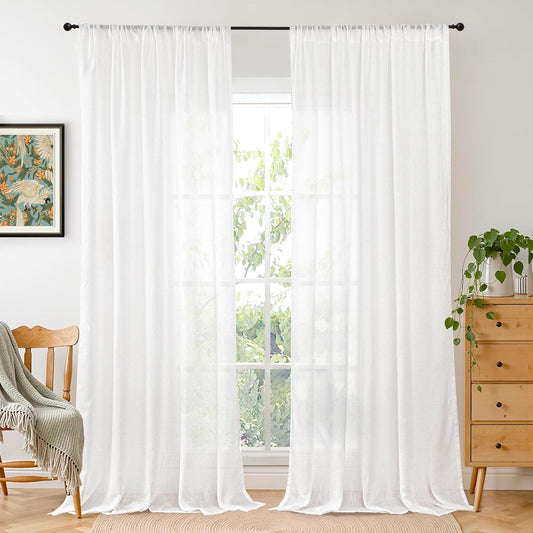 BGment White Linen Curtains 102 Inches Long for Living Room, Semi Sheer Window Drapes Lightweight Rustic Country Textured for Farmhouse Bedroom Decor with Rod Pocket, 2 Panels Set, Each 52 Inch Wide