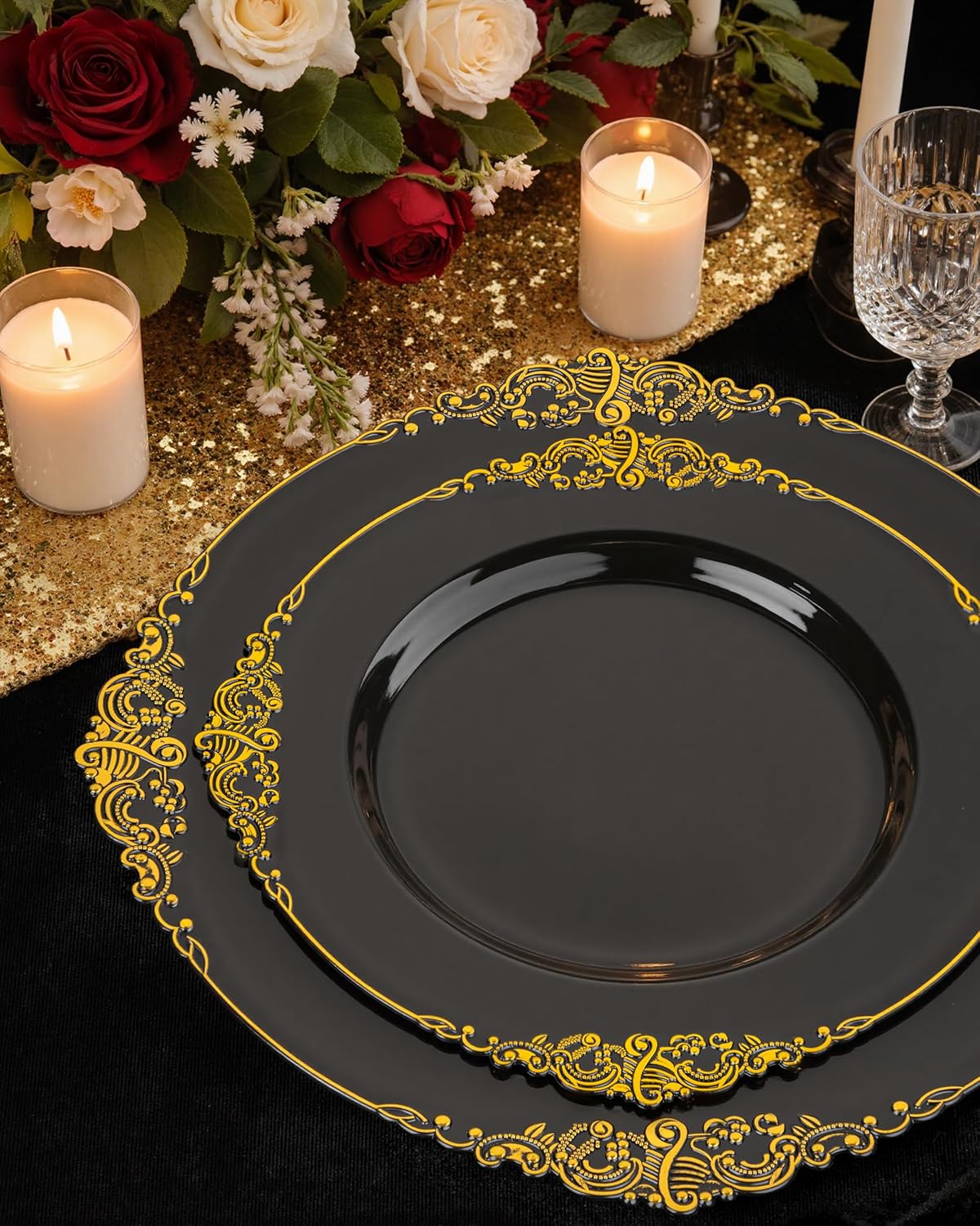 Nervure 350PCS Black Plastic Plates - Black Plastic Dinnerware Sets for 50 Guests - 100 Disposable Plates, 150 Gold Silverware, 50 Cups, 50 Napkins for Wedding & Party & Halloween