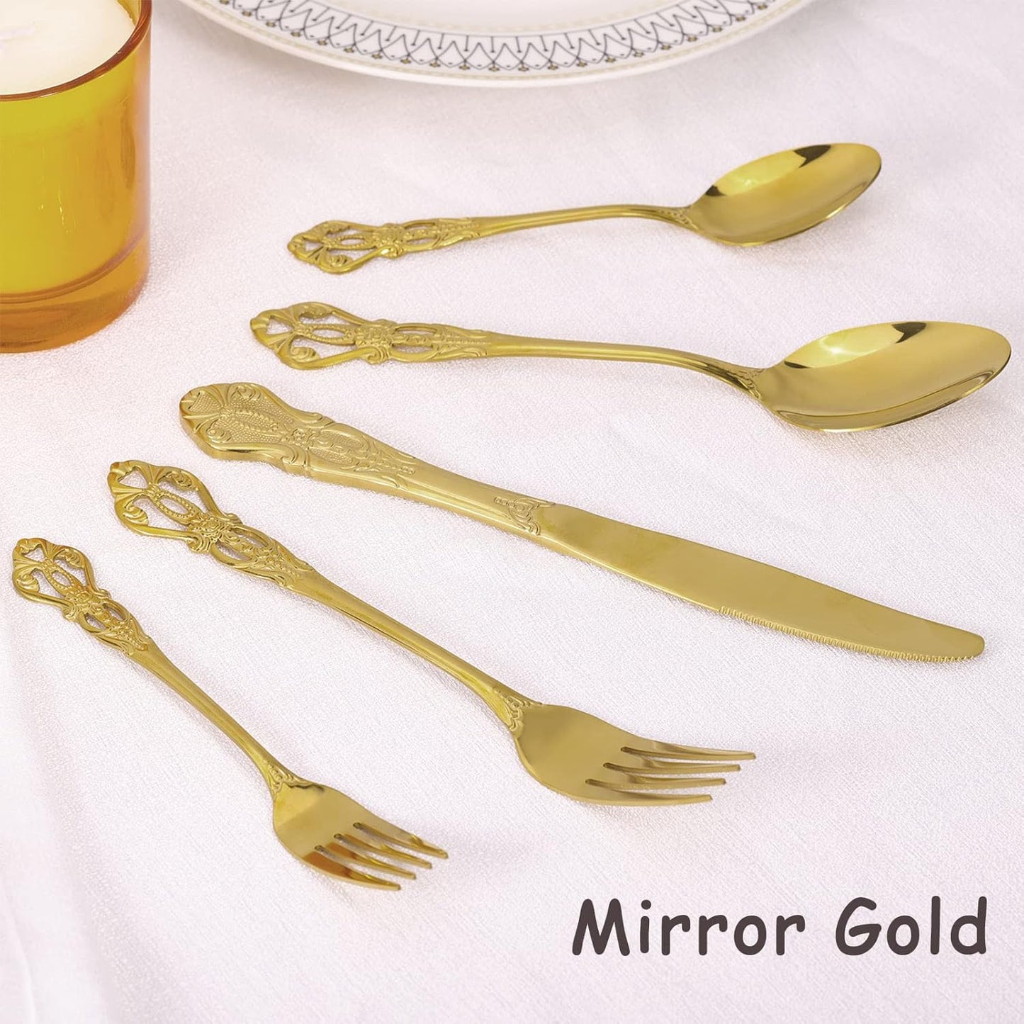Gold Silverware Set for 8, Stainless Steel Gorgeous Retro Royal Flatware, 40-Pieces Cutlery Tableware, Kitchen Utensils Include Spoons and Forks, Mirror Finish, Dishwasher Safe