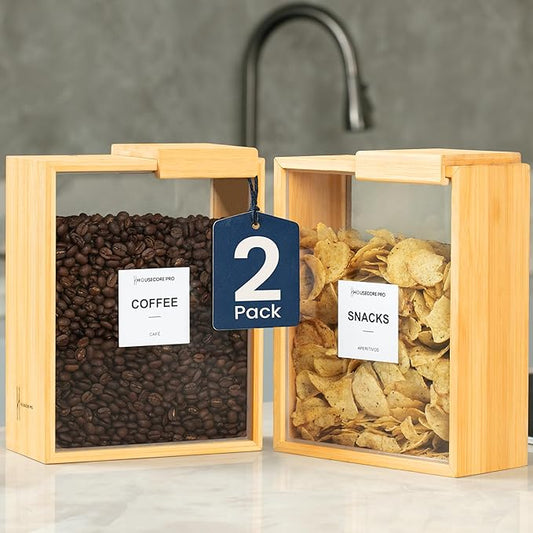 HouseCorePro 2 Pack Bamboo Food Storage Containers – Large 2.75L Food Dispenser with Measuring Spoon, 18 Labels, 6 Freshness Stickers, Wood Pantry Organizers and Storage for Dry Goods, 9.50x7.25x4in.