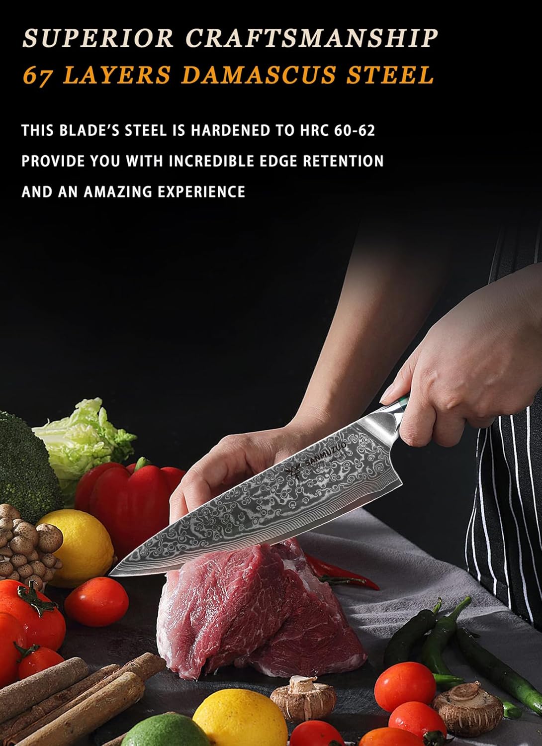 Chef Knife - 8 inch - Xuan Series - VG10 Damascus Steel Kitchen Knife - Resin Handle (Fantasy Orange)