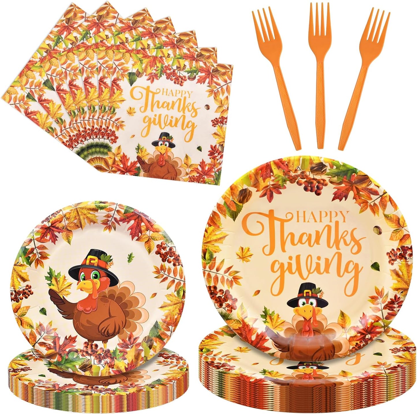 100 Pcs Thanksgiving Turkey Tableware Party Supplies – Disposable Fall Dinnerware Set with Paper Plates, Napkins, and Forks for Autumn Celebrations, Friendsgiving, and Thanksgiving Dinner – Serves 25