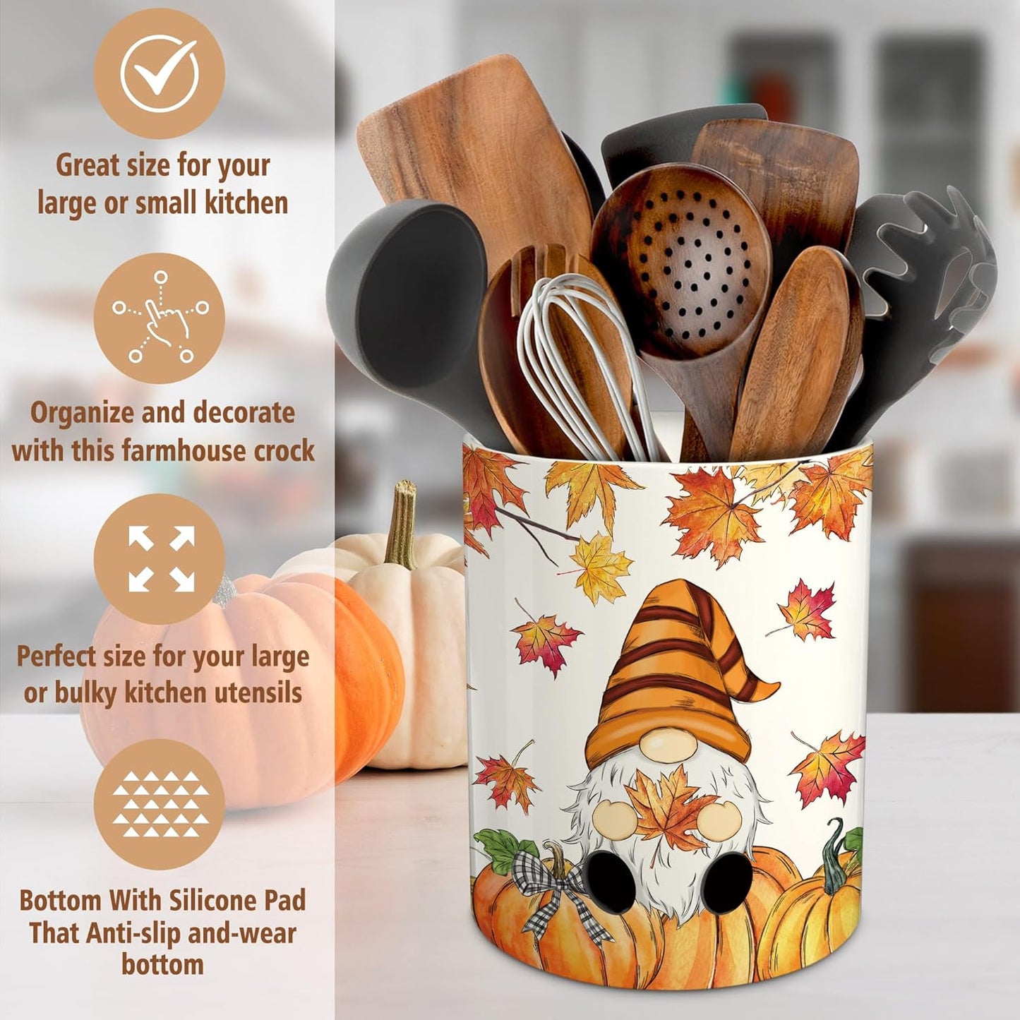pinata Fall Thanksgiving Kitchen Decor Ceramic Utensil Holder, Farmhouse Fall Gnome Pumpkin Utensils Holder, Ceramic Utensils Crock for Rustic Indoor Kitchen Decorations(6.3 Inches)