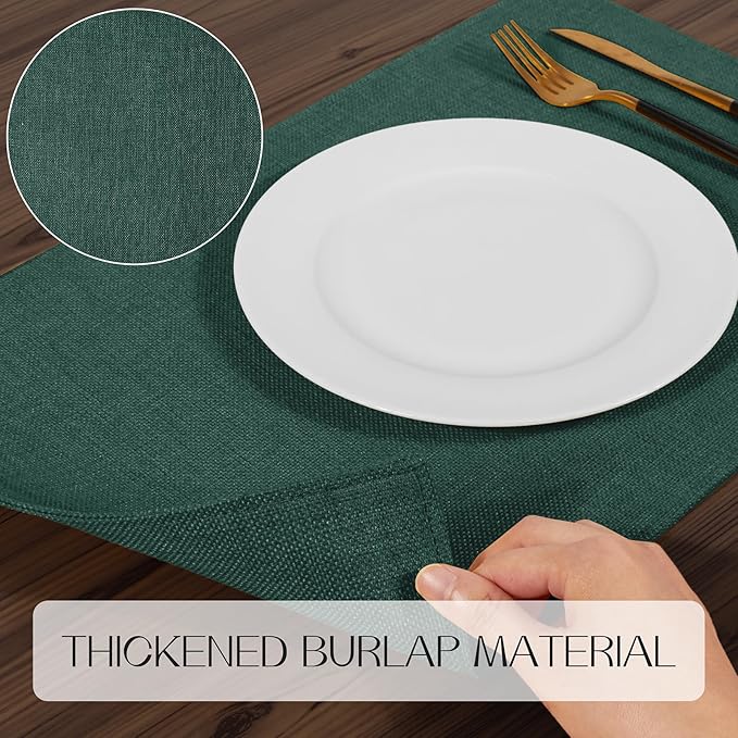 Romanstile Cloth Placemats Set of 4-12 x 18 Inch, Heat Resistant Double Layered Thickened Burlap Christmas Place Mats, Washable Linen Farmhouse Table Mats for Kitchen/Dining/Party/Outdoor, Green