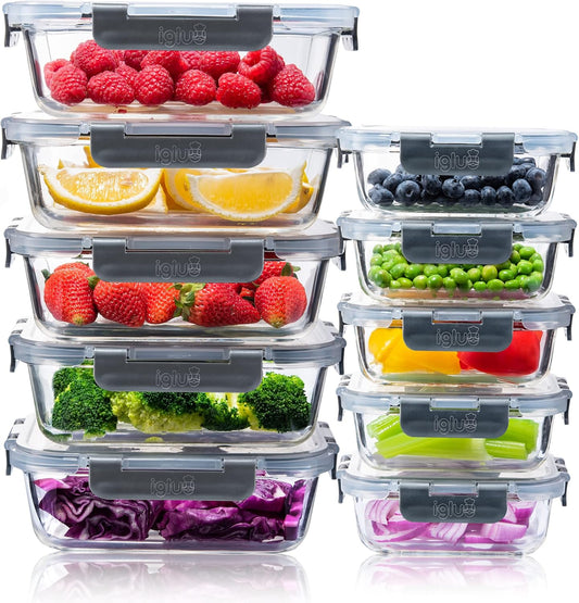 Igluu Meal Prep Glass Food Storage Containers 10 Pack, Meal Prep Containers with Snap Lock Leakproof Lids, Reusable Microwave safe BPA-free Lunch Boxes (10 Containers & 10 Lids) 35.5oz & 12.5oz