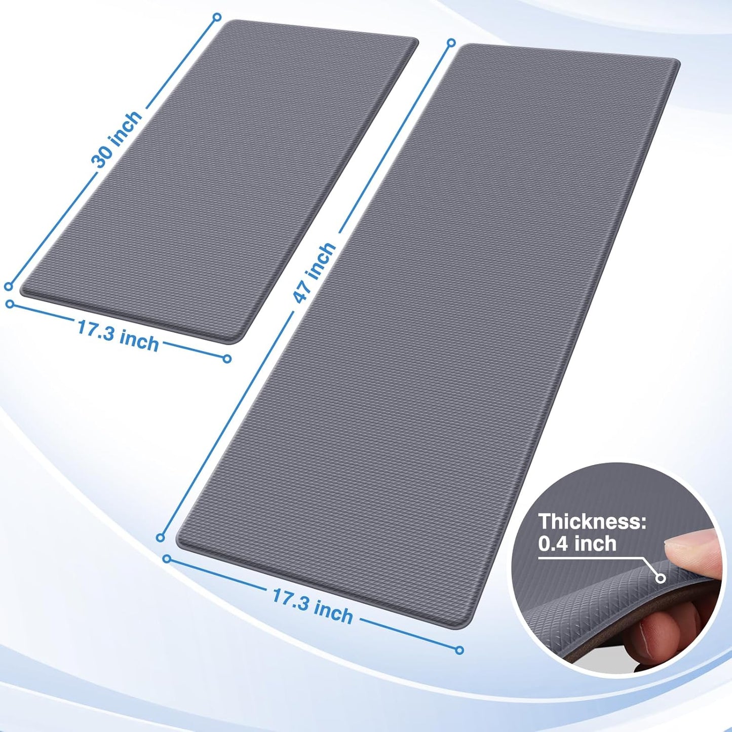 StepRite Kitchen Mats, 2PCS Kitchen Rugs, Cushioned Anti Fatigue Kitchen Mats for Floor, Non-Slip Standing Desk Mat, Waterproof Kitchen Rug Set for Kitchen, Floor, Office, 17.3"x30"+17.3"x47", Grey