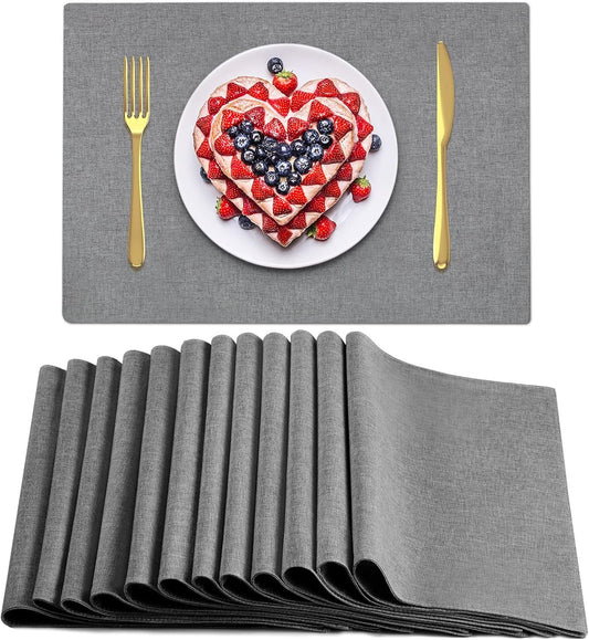 Sieral Cloth Placemats Set of 12 Rectangle Dining Table Placemats Bulk 13 x 19 Inch Machine Washable Heat Resistant Cotton Linen Table Mats for Wedding Baby Shower Birthday Party Supplies(Dark Gray)