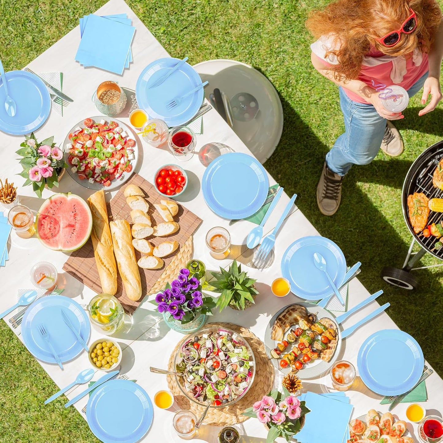 TWOWYHI 228PCS Light Blue Party Supplies Set Include Paper Plates Cups Paper Napkins Plastic Spoons Forks Knives for 30 Guests Disposable Party Dinnerware for Birthday Wedding Family Picnic