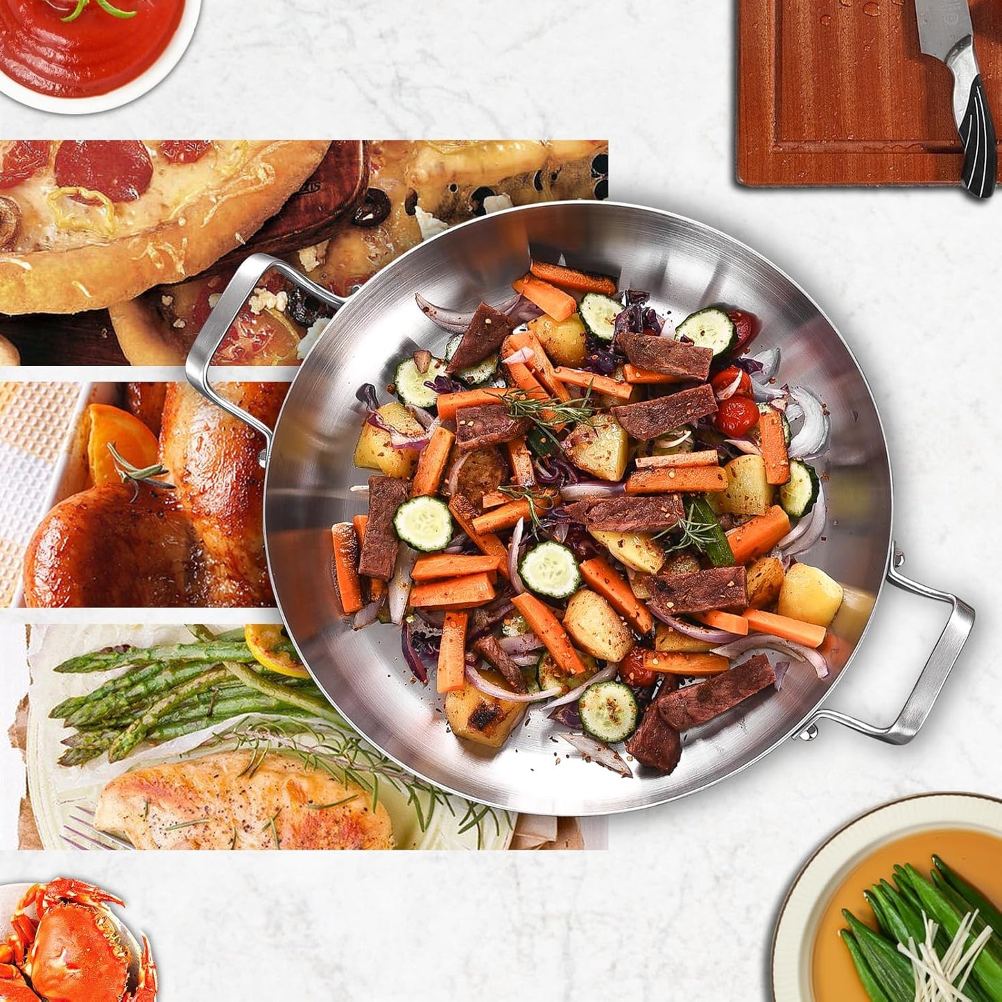 Inqibee 13-Inch Tri-Ply Stainless Steel Paella Pan with Lid,Griddle,Large Skillet,Induction Cooking Pan,Dishwasher and Oven Safe