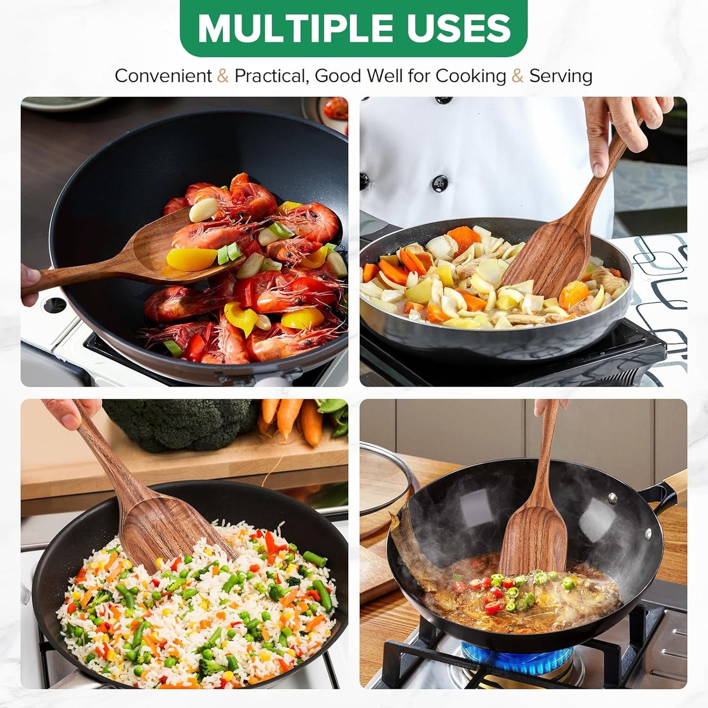 Teak Wood Spatula for Cooking, Wooden Kitchen Cooking Utensil, Large Long Handle Solid Wok Spatula Flipper with Raised Sides for Serving Scooping Frying Mixing Stirring Eggs Beans,Non-Toxic,13.4″,1Pk