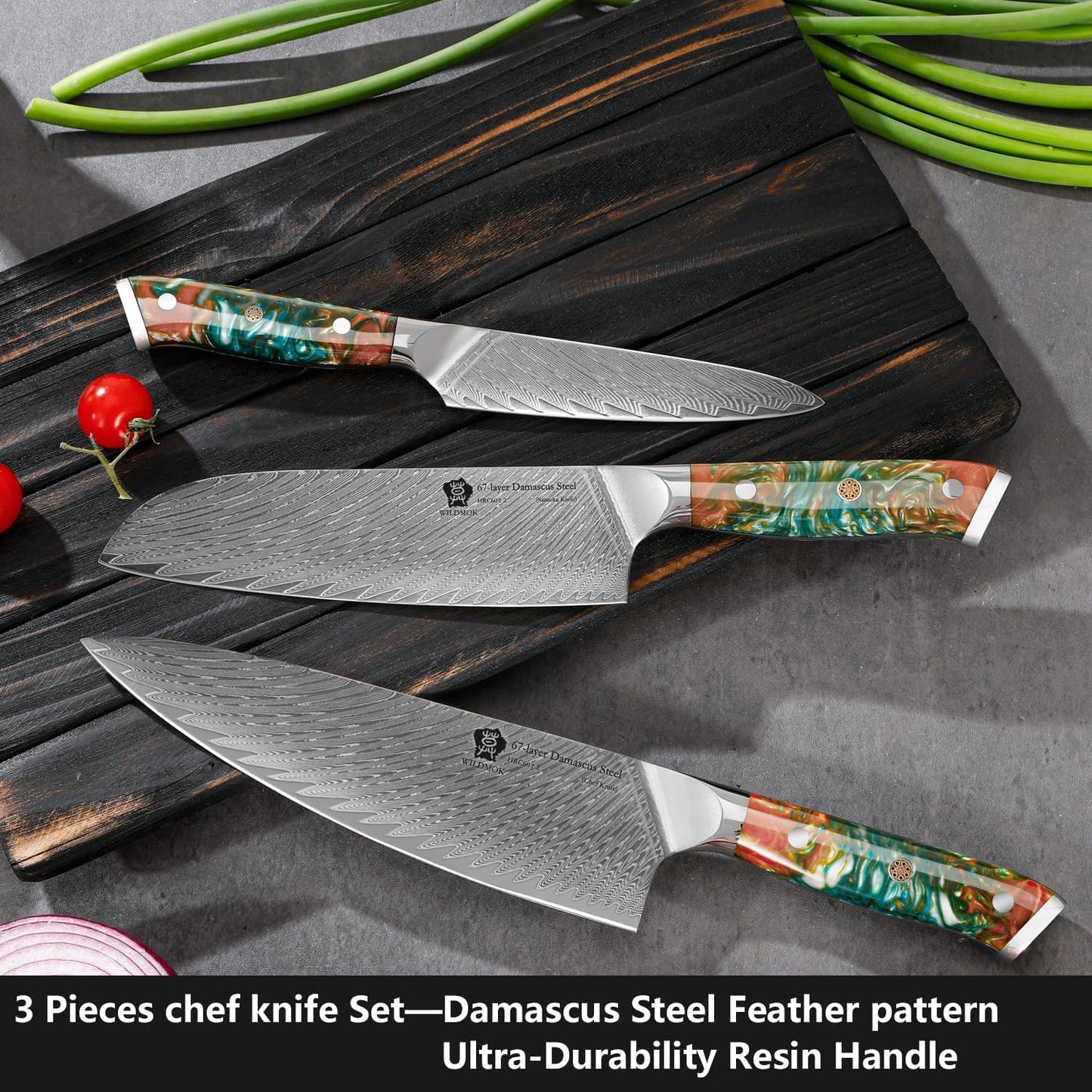 WILDMOK Damascus Kitchen Knife Set, Chef Knife Set, Sharp Damascus Steel Forged Blade Kitchen Knives Set with Ergonomic Resin Handle
