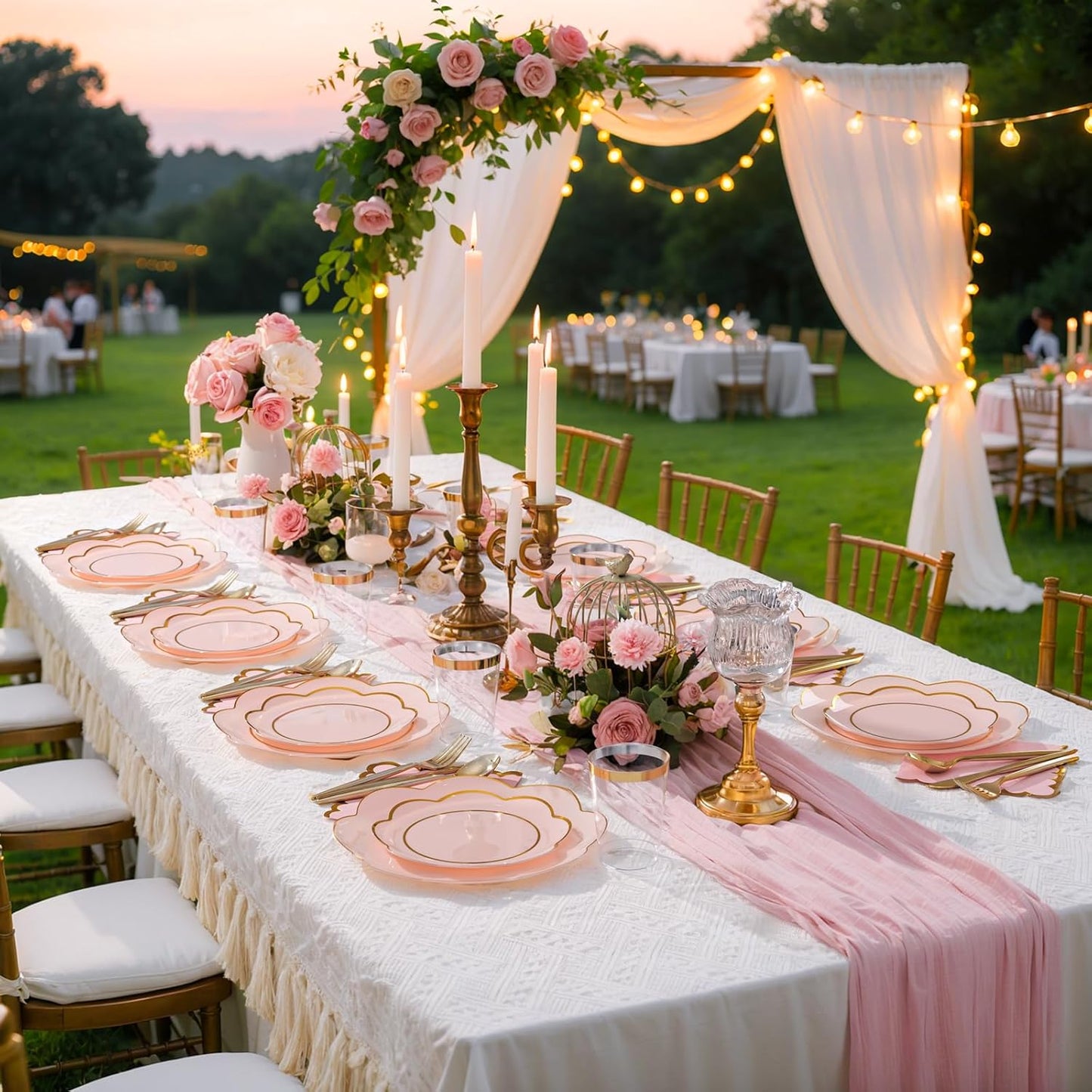 WONDERFUL 350PCS Pink Plastic Plates for Party Plates Disposable Heavy Duty Pink Gold Wedding Plate High End Plastic Dinnerware Sets for 50 Guests - Plate and Cups and Wedding Napkins Sets Large Party