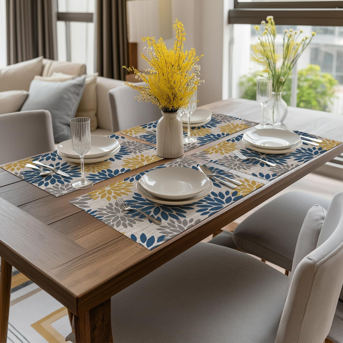 Artoid Mode Floral Vinyl Placemats Set of 4, Heat Resistant Washable Non-Slip Plistic PVC Place Mats for Party Kitchen Dining Decor, Blue Yellow