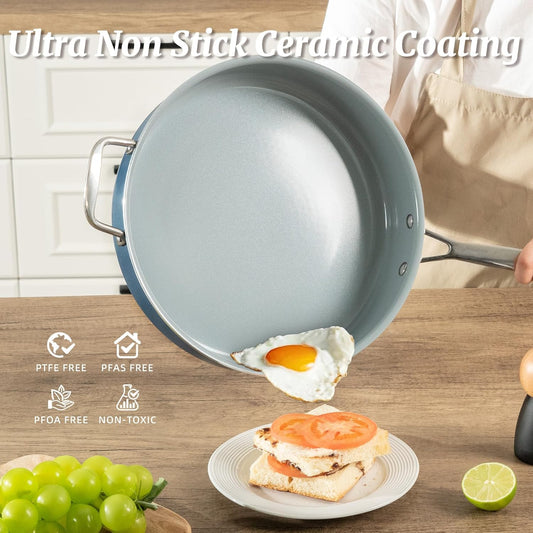 Nonstick Sauté Pan with Lid 5 QT Deep Frying Pan with Stainless Steel Helper Handle 12 inch Large Skillet Ceramic Jumbo Cooker for Healthy Cooking, Induction Compatible Cookware, PFOA Free