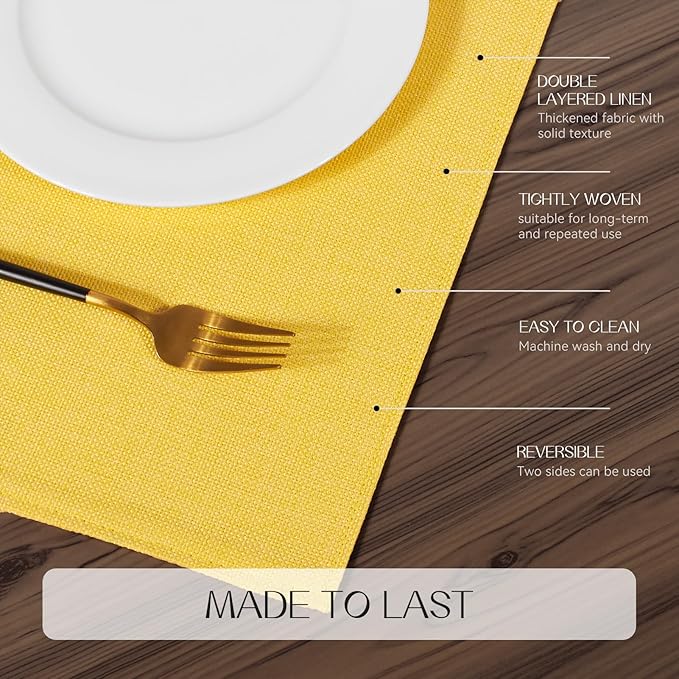 Romanstile Cloth Placemats Set of 6-12 x 18 Inch, Heat Resistant Double Layered Thickened Burlap Place Mats, Washable Faux Linen Farmhouse Table Mats for Kitchen/Dining/Party/Outdoor, Yellow