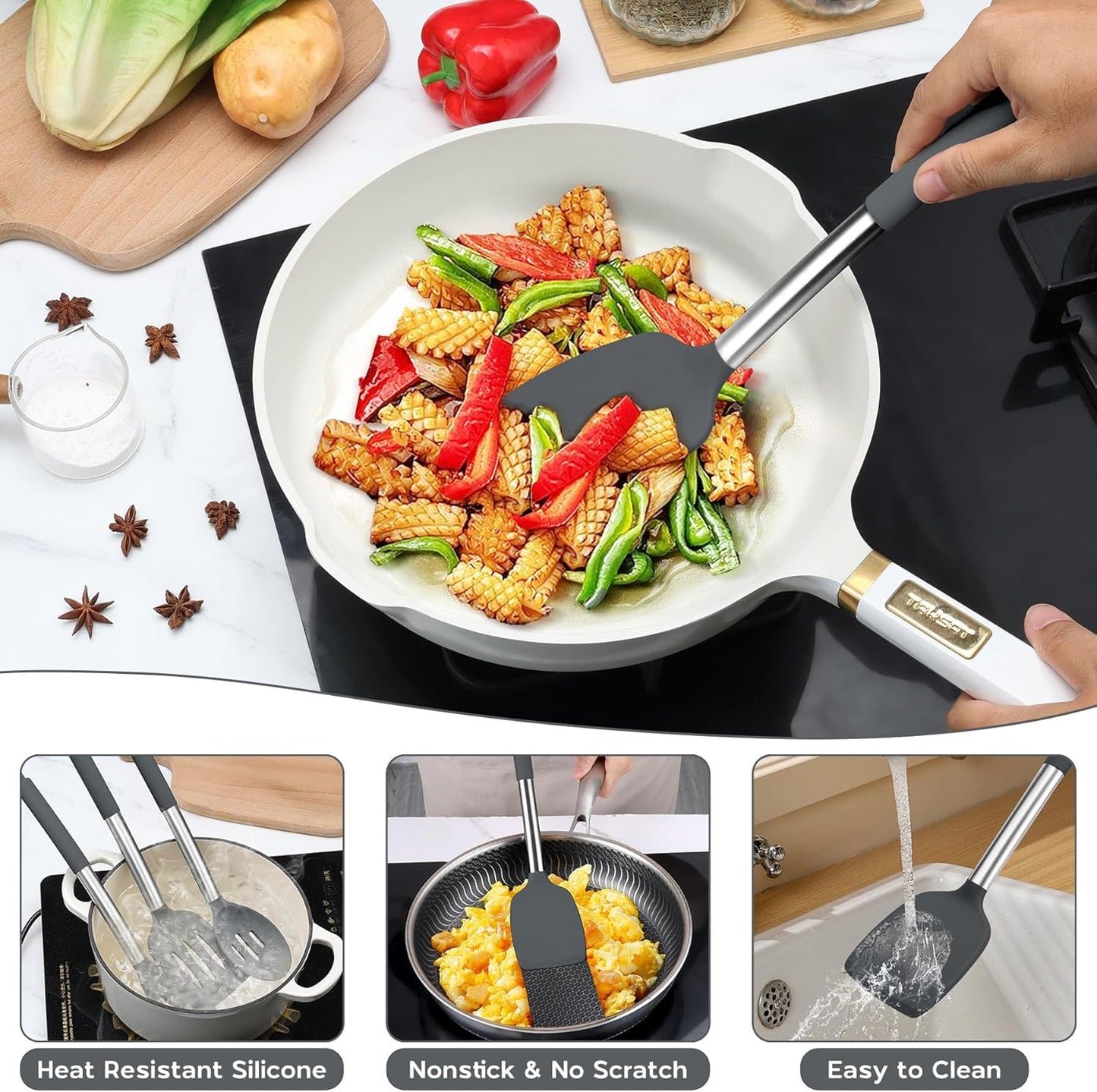 Onader Kitchen Cooking Utensils Set of 15, Silicone and Stainless Steel Utensils Spatula Set with Holder, Heat Resistant & Dishwasher Safe - Grey